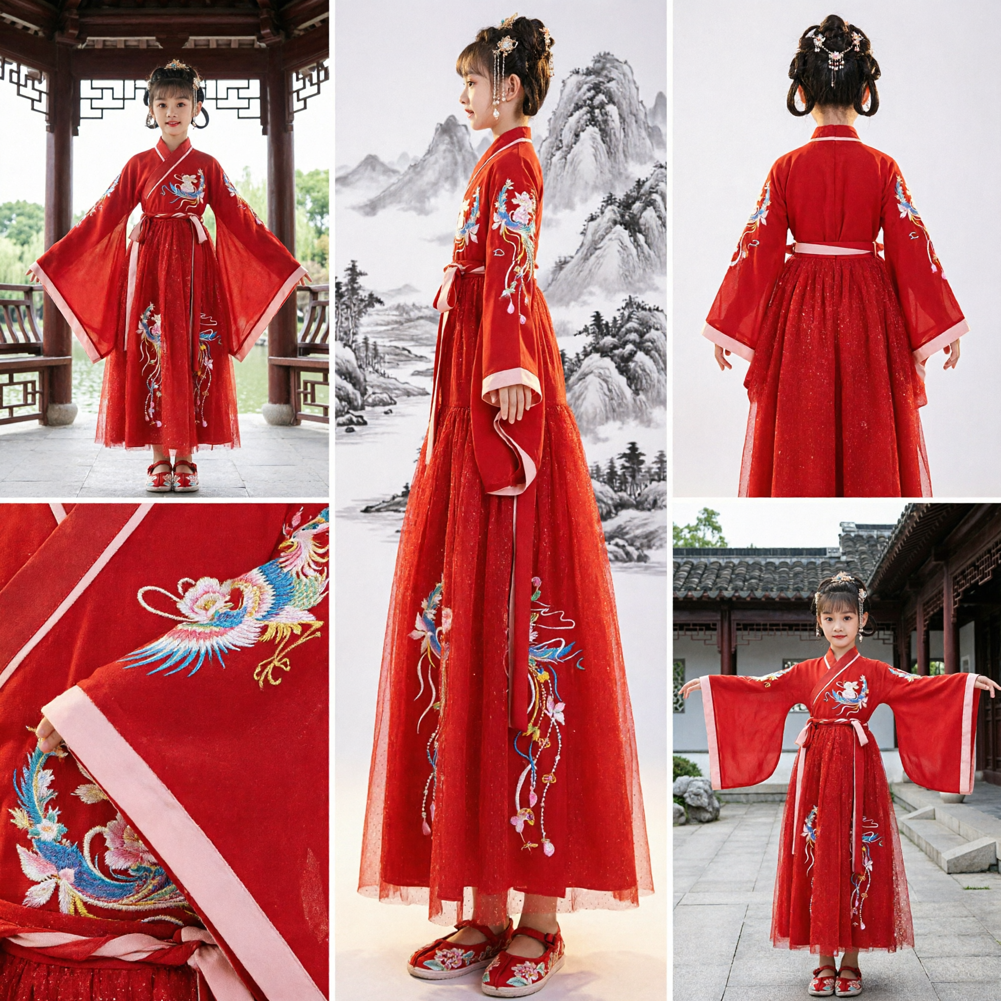 Traditional Chinese Hanfu for Kids Girls Red Ancient Tang Dynasty Costume Dress for New Year Festival Performance