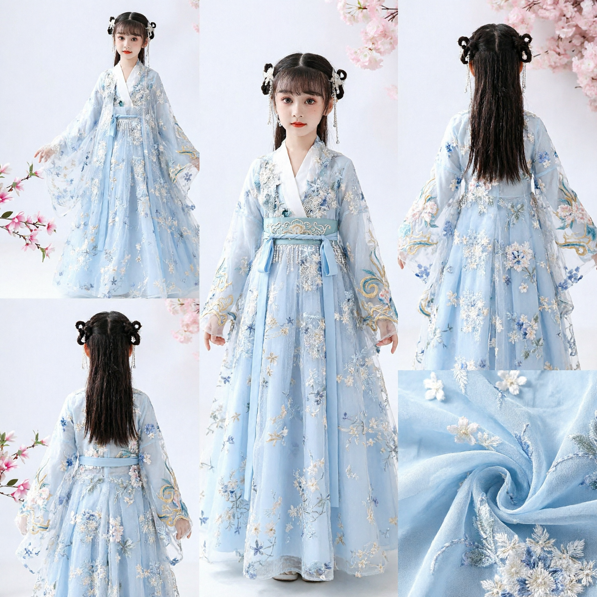 Kids Traditional Chinese Hanfu Blue Floral Embroidery Ancient Costume Girls Fairy Dress for Performance