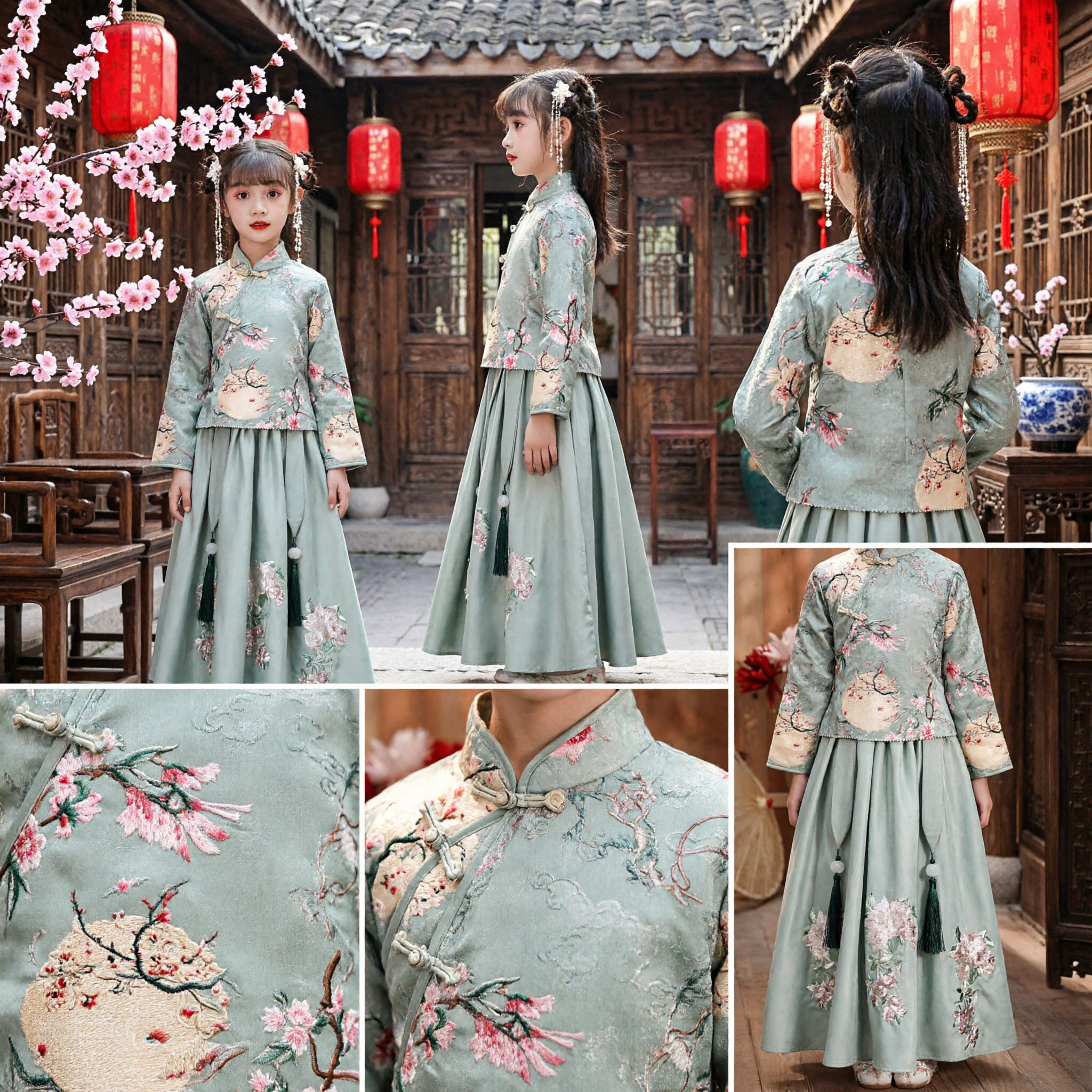 Traditional Chinese Hanfu for Girls Floral Embroidery Ancient Princess Costume Dress for Spring Festival Performance