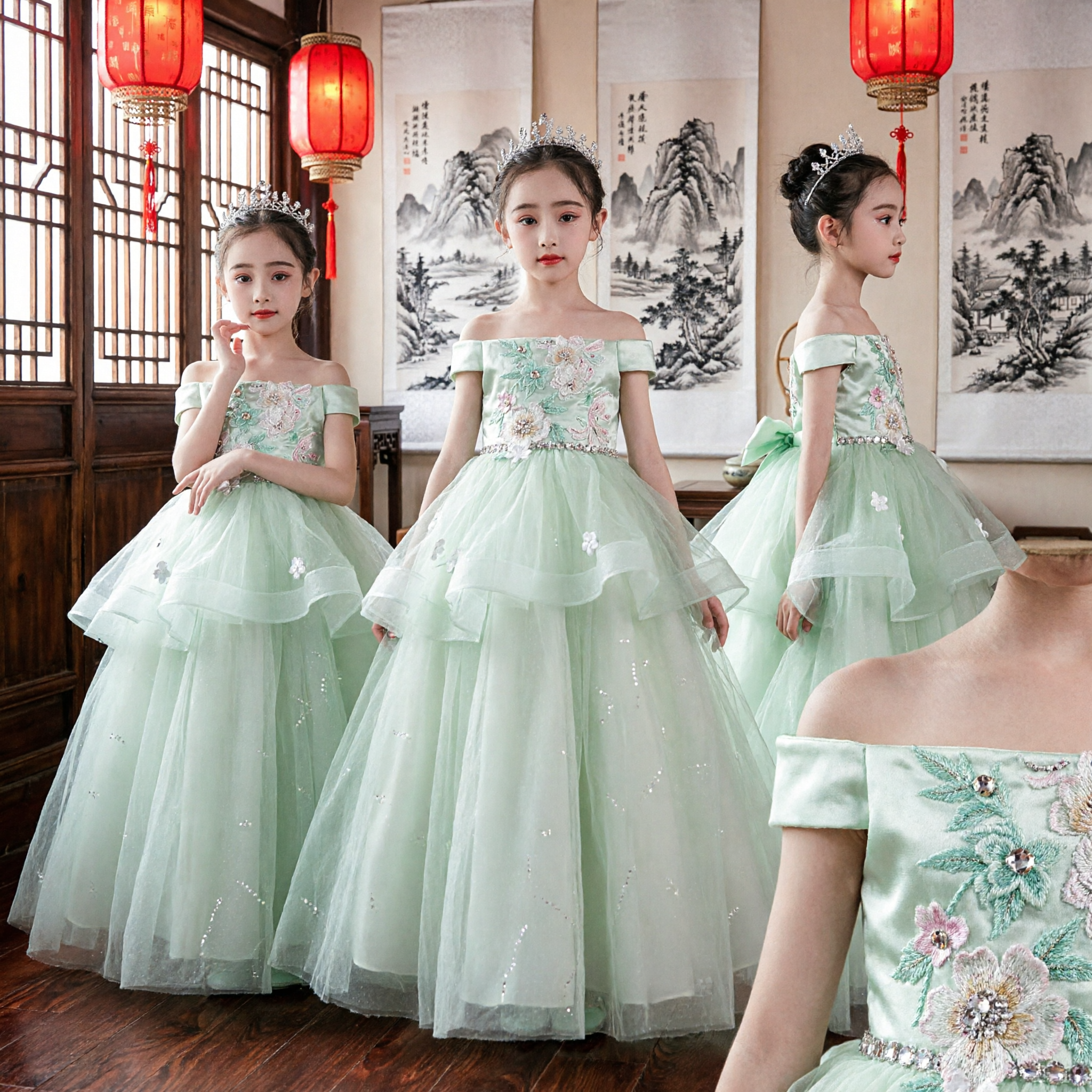 Elegant Light Green Off-Shoulder Flower Girl Dress Princess Ball Gown with Floral Embroidery for Kids Wedding Party