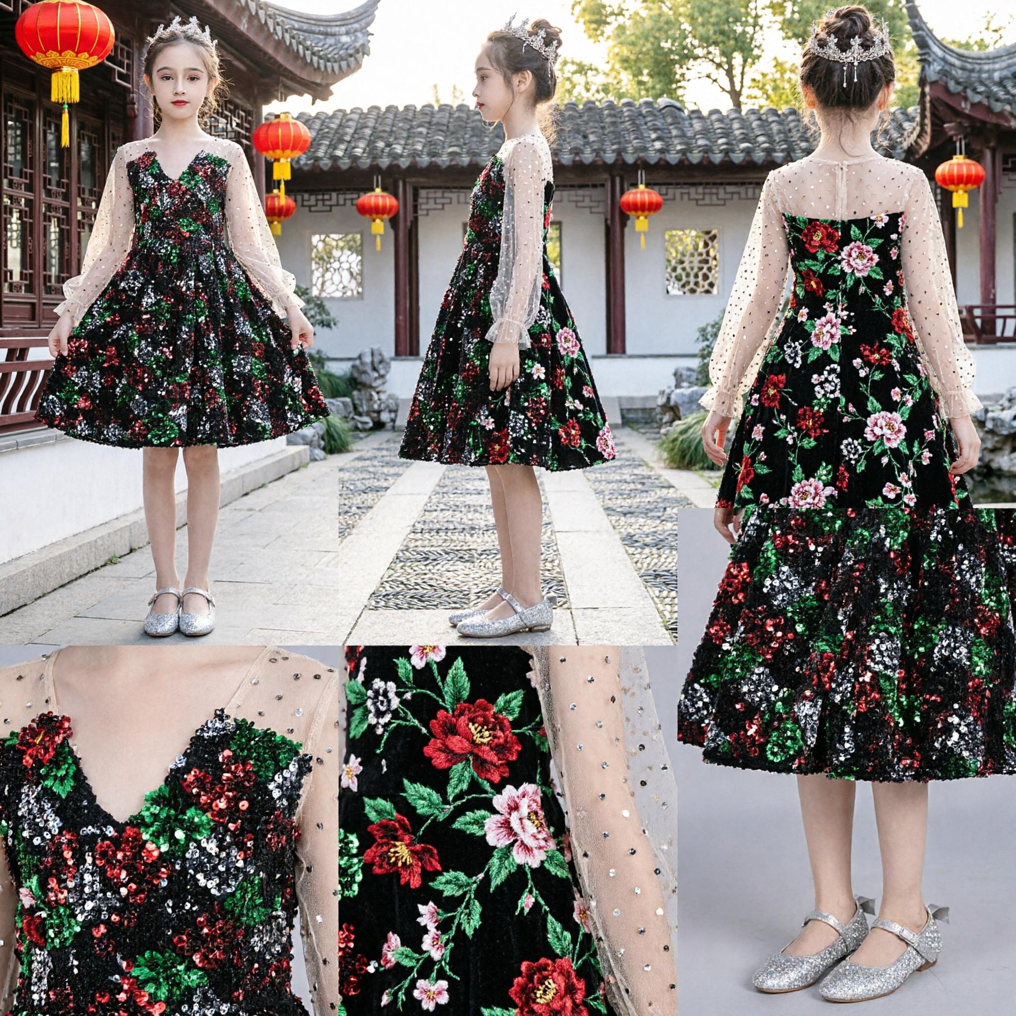 Kids Girls Sequin Dress Long Sleeve Tulle Performance Stage Party Costume Holiday Gown