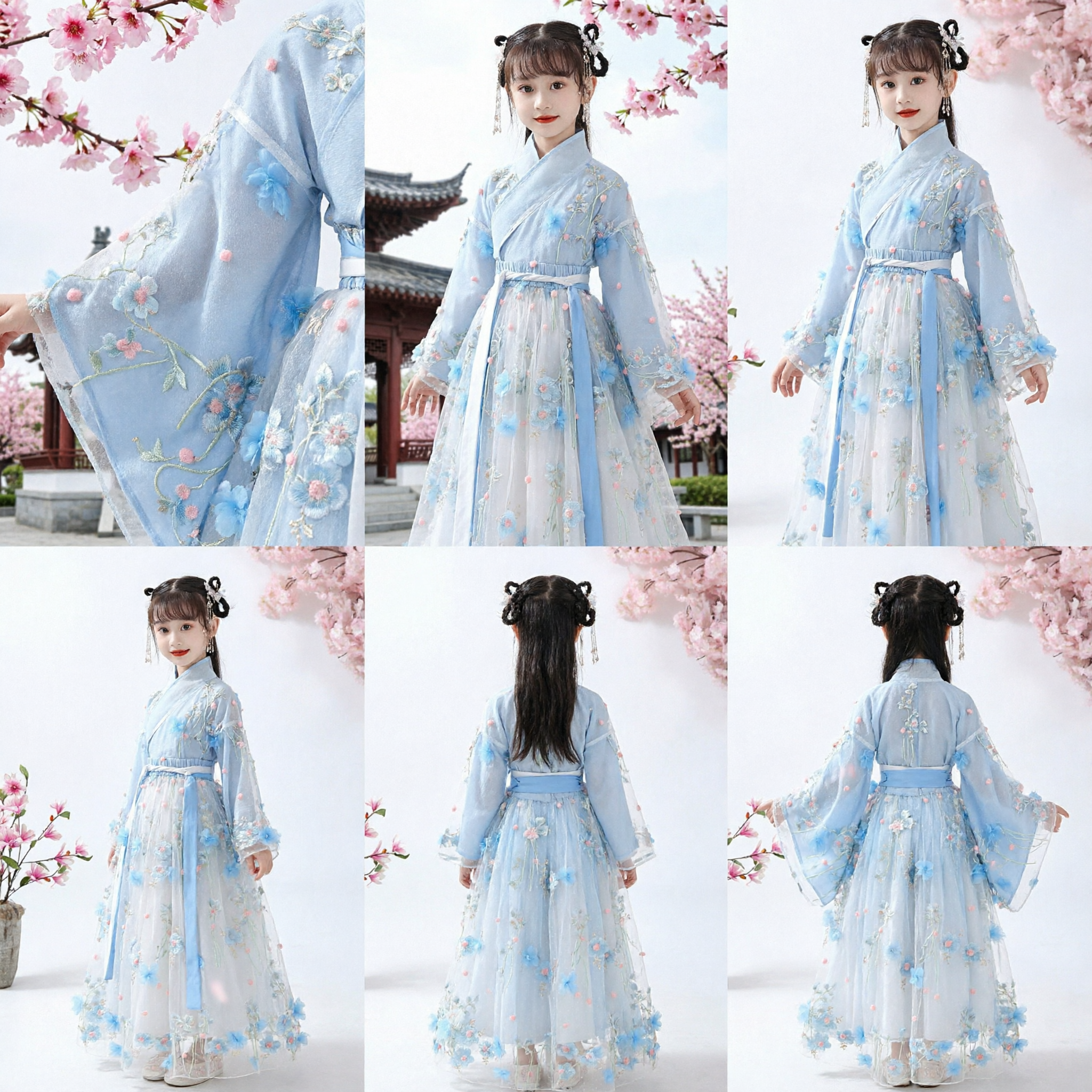 Blue Floral Embroidery Chinese Hanfu Dress for Girls Traditional Fairy Costume Kids Ancient Clothing