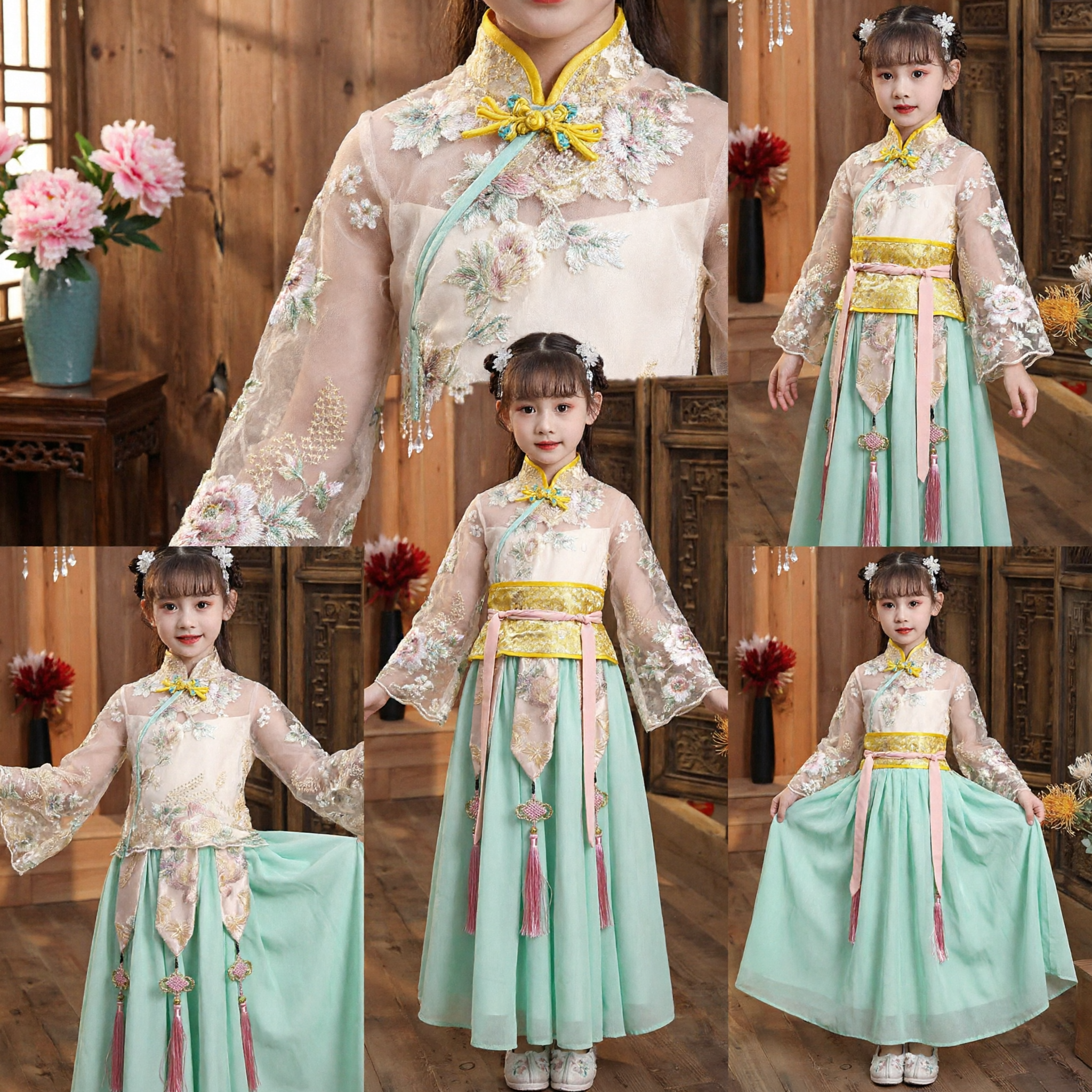 Traditional Chinese Hanfu Costume for Girls Embroidered Cheongsam Top and Pleated Skirt Set for Festival Wedding