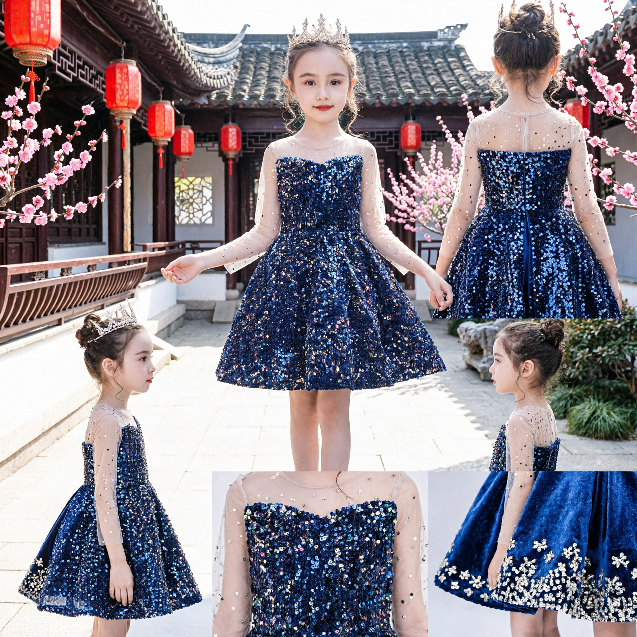 Kids Girls Navy Blue Sequin Formal Dress Long Sleeve Mesh Evening Gown for Pageant Wedding Party