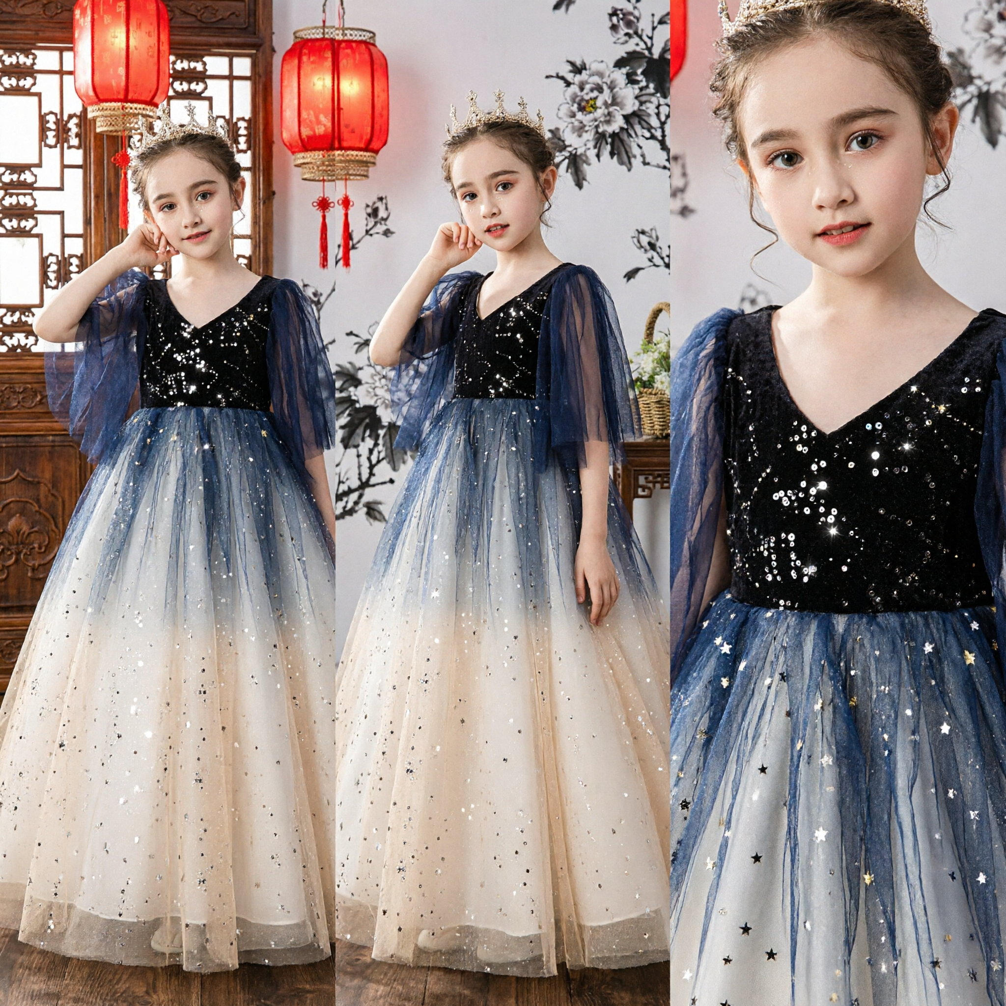 Girls Navy Blue Gradient Princess Ball Gown Dress with Cape Sleeves for Flower Girl Wedding Pageant