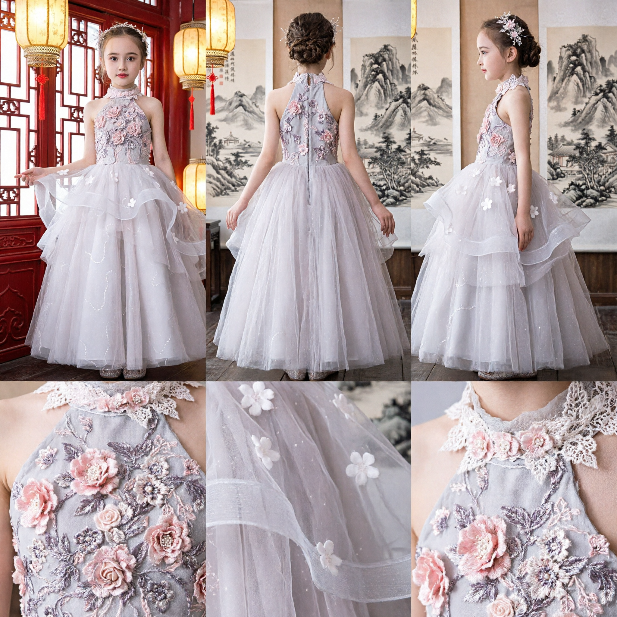 Elegant Flower Girl Dress Floral Embroidery Halter Neck White Tulle Ball Gown for Kids Wedding Pageant