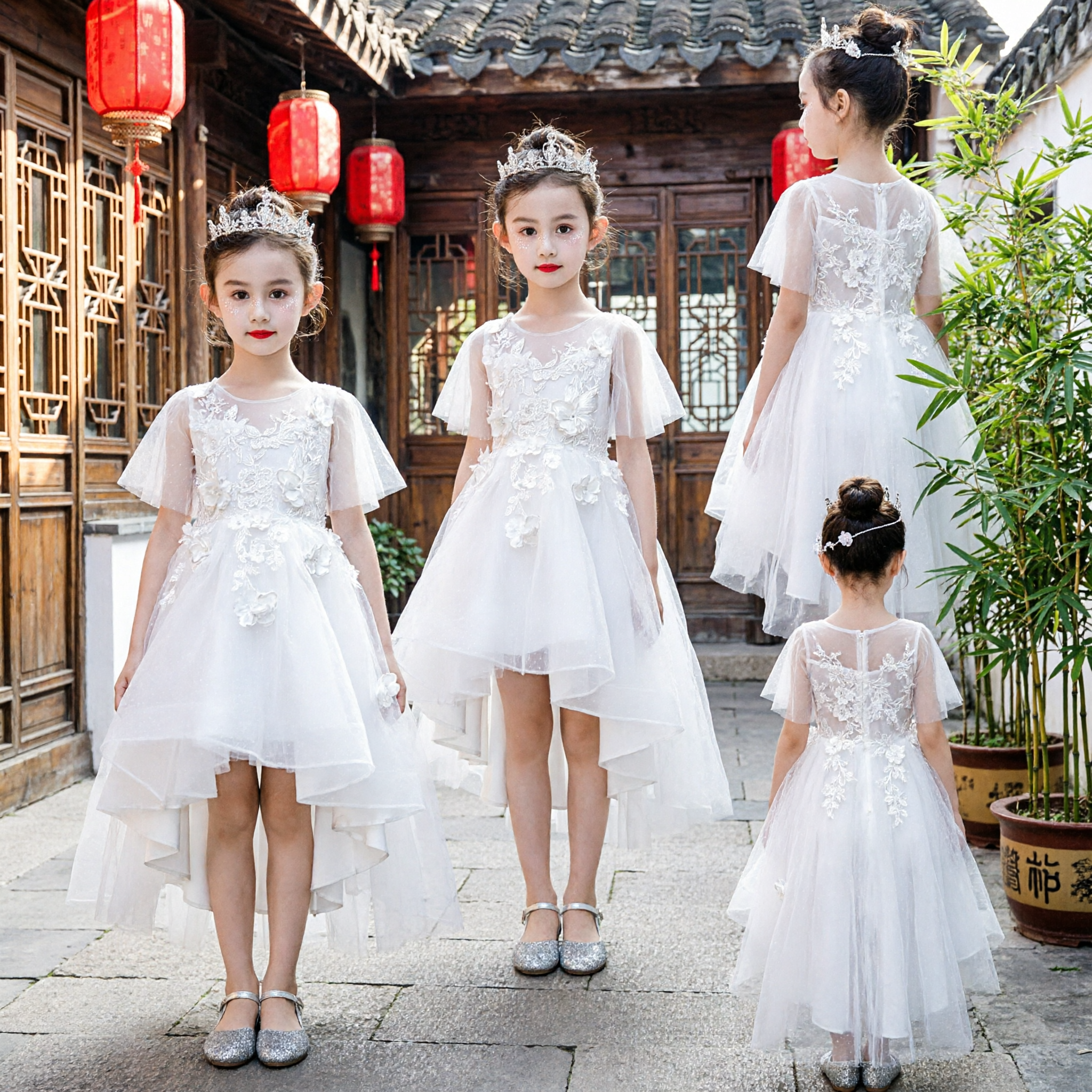 Elegant White Lace Flower Girl Dress High Low Tulle Skirt First Communion Pageant Gown for Kids