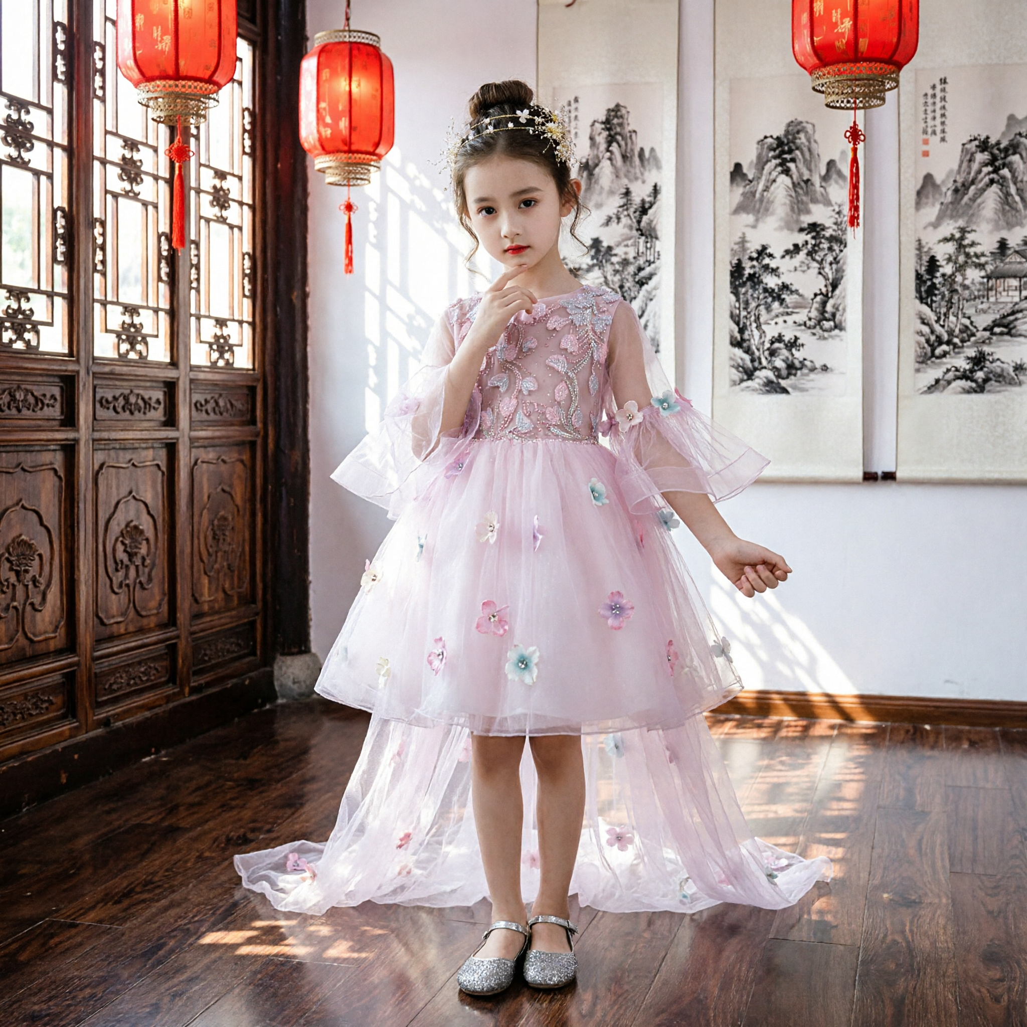 Girls' Elegant Pink Tulle Formal Dress with Floral Applique Bell Sleeves and Long Train for Weddings