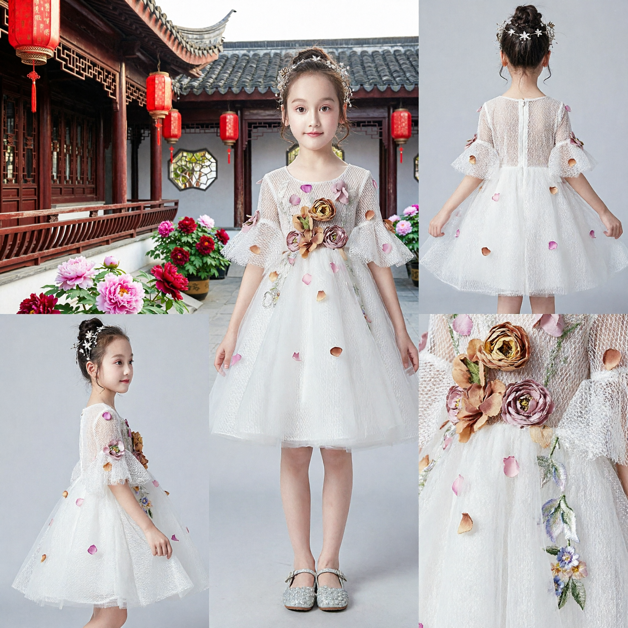 Elegant White Floral Lace Dress for Girls Flower Girl Wedding Party Performance Princess Gown with Bell Sleeves