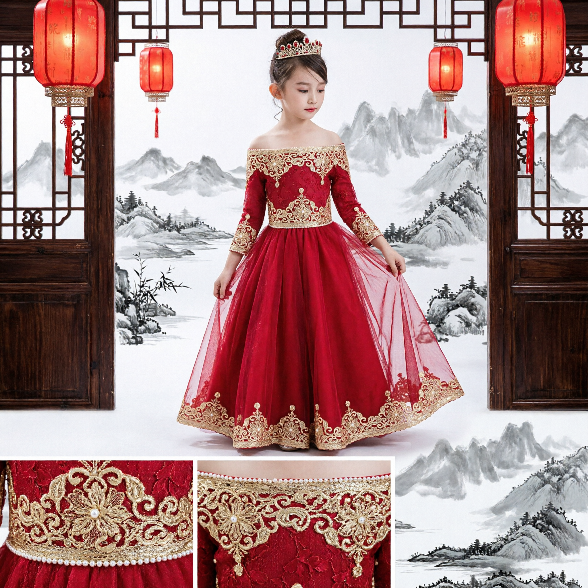 Girls Red Off-Shoulder Princess Ball Gown with Gold Lace Long Formal Dress for Wedding Flower Girl Pageant