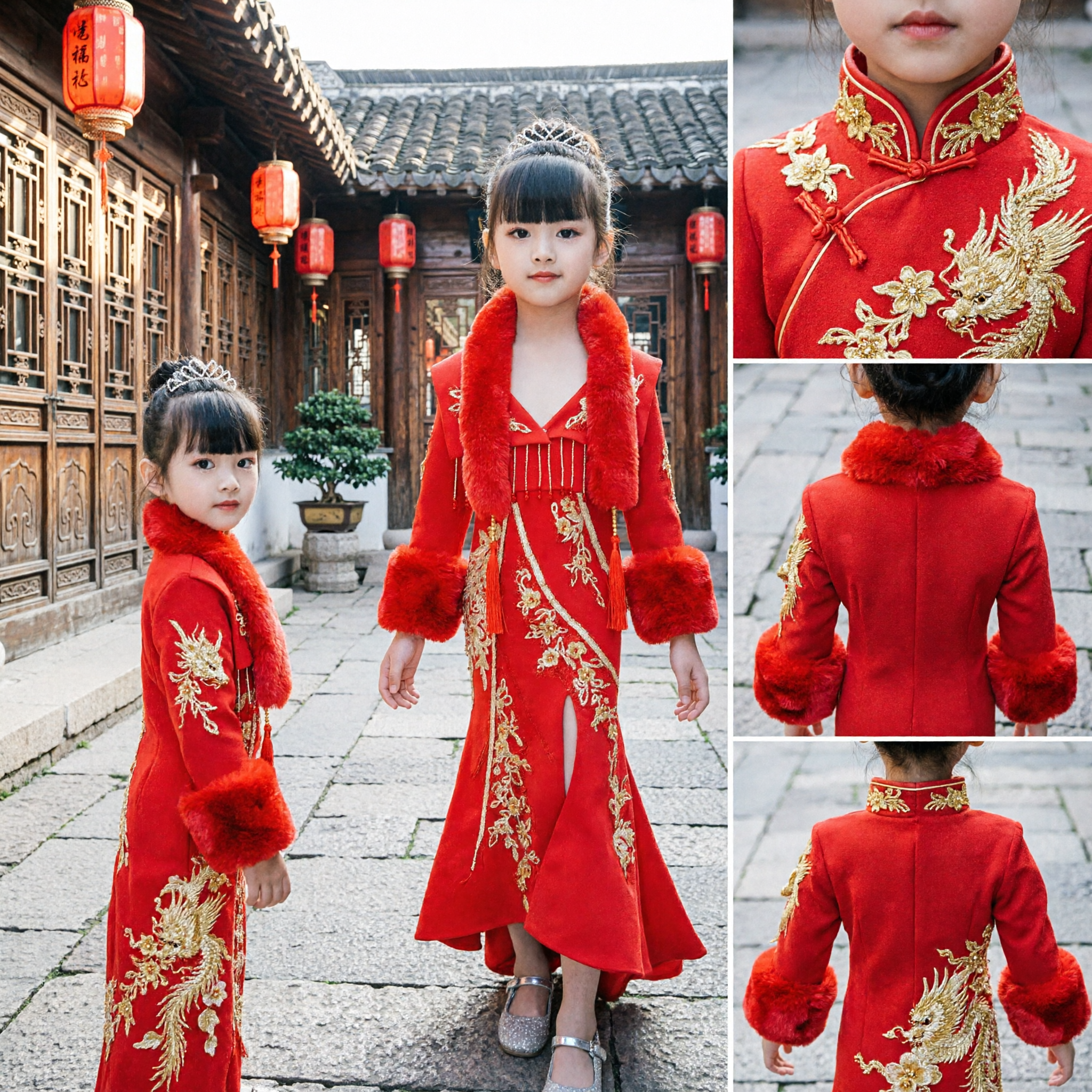 Kids Traditional Chinese Red Cheongsam Dress with Fur Collar Gold Embroidery for Wedding Performance Host