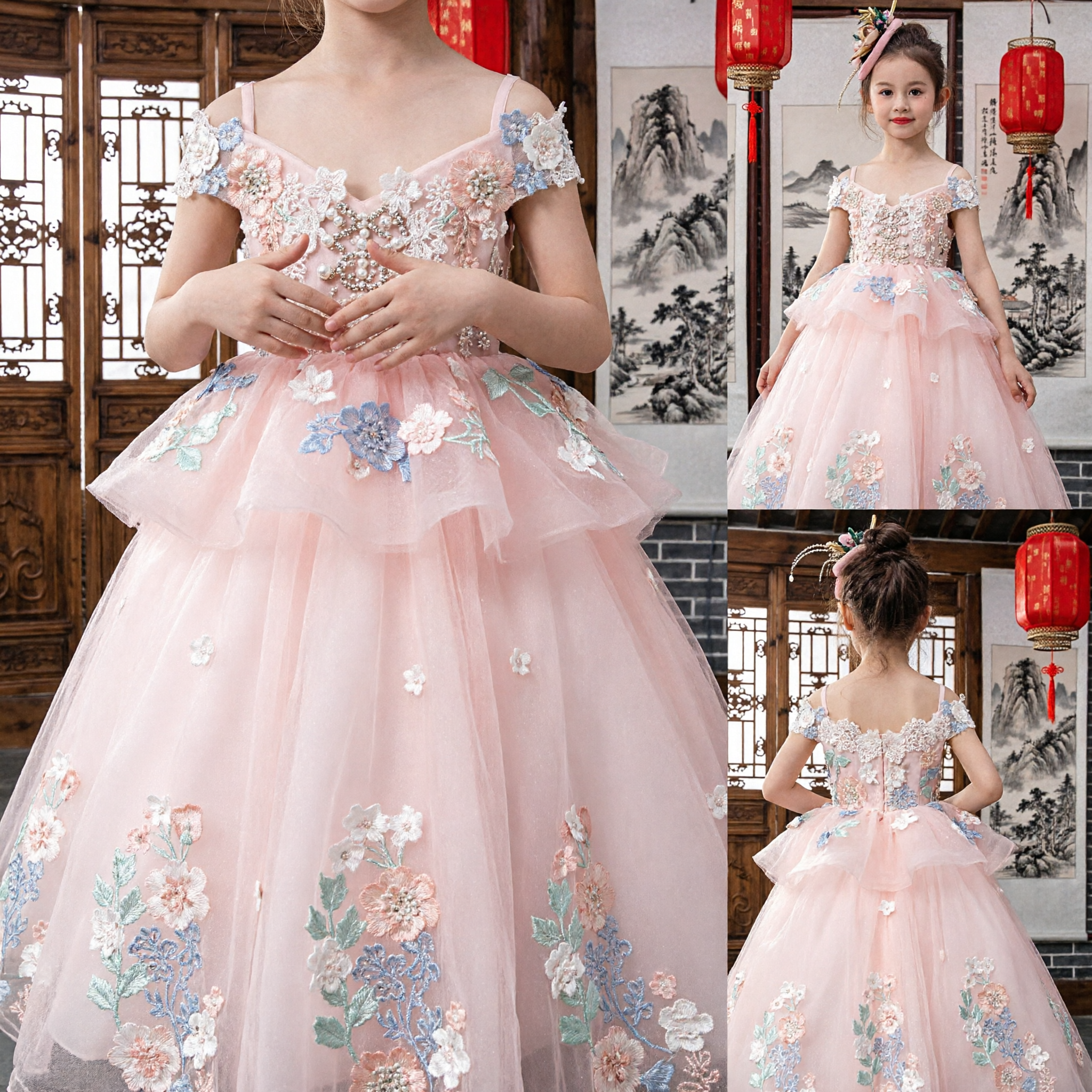 Pink Princess Flower Girl Dress for Kids Formal Wedding Party Gown with 3D Floral Embroidery