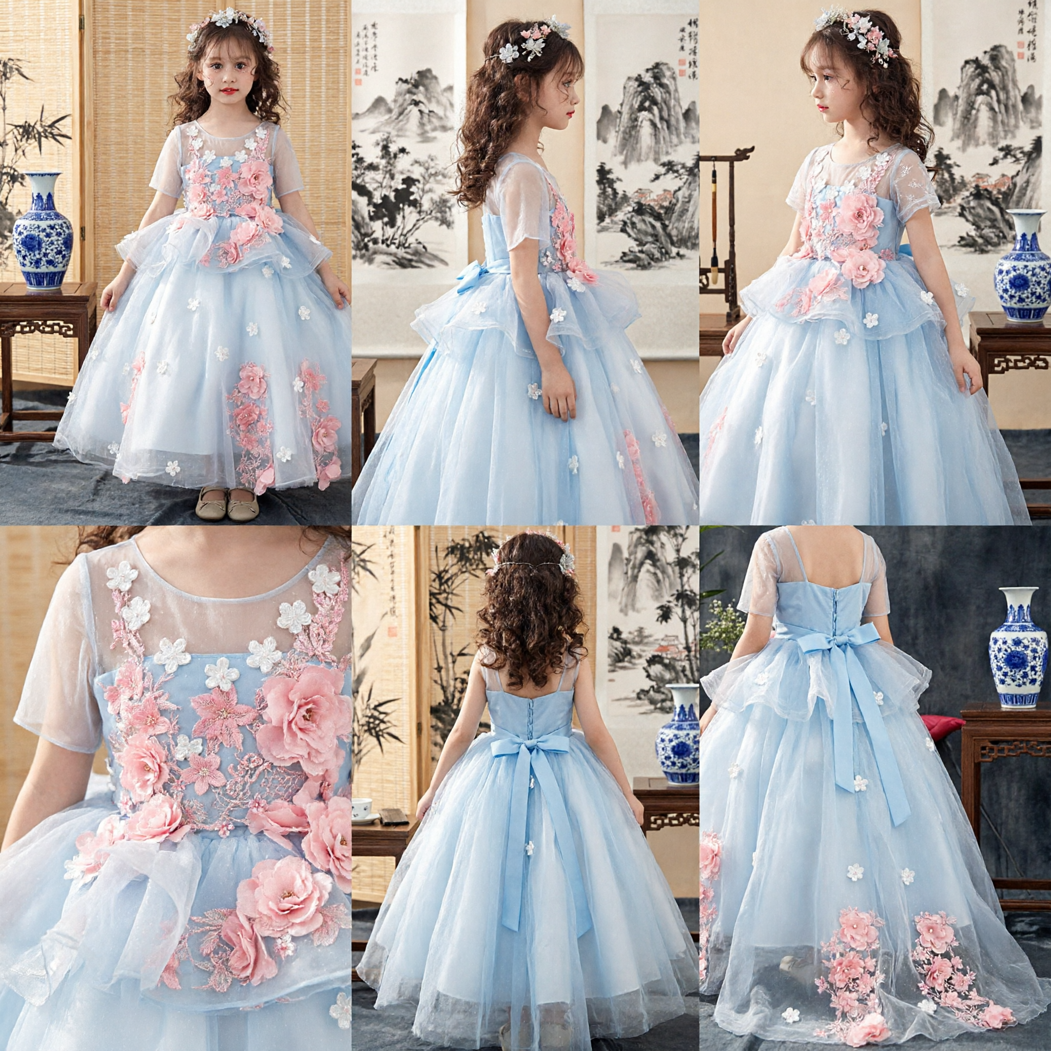 Little Girls Floral Princess Dress Long Tulle Ball Gown for Wedding Flower Girl Birthday Party Pageant