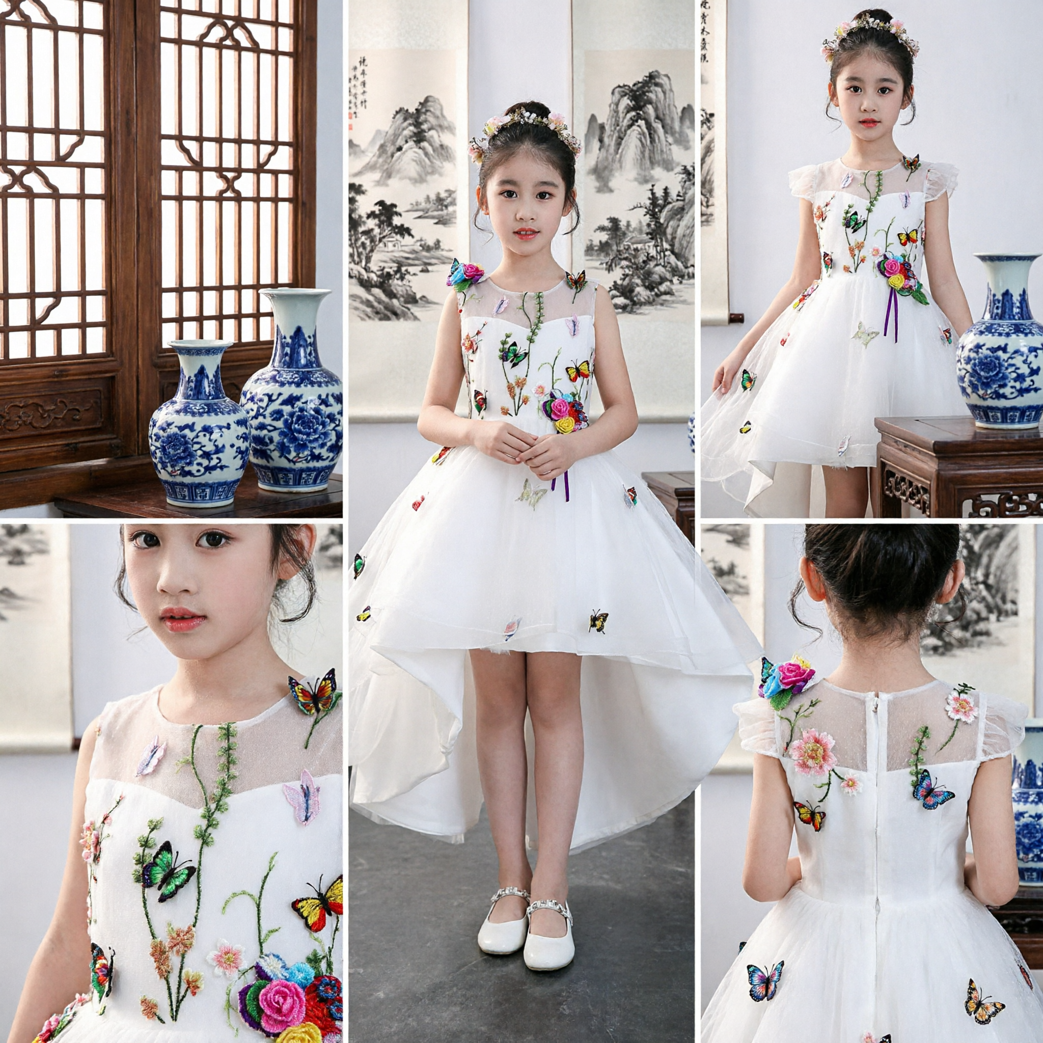 Elegant White Floral Butterfly Applique Dress for Girls High Low Hem Wedding Flower Girl Gown
