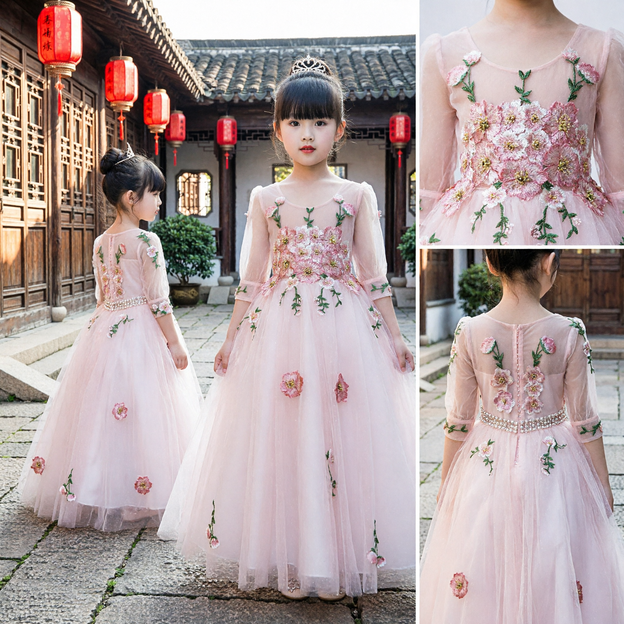 Elegant Pink Floral Embroidered Tulle Ball Gown for Girls Wedding Pageant Flower Girl Princess Dress