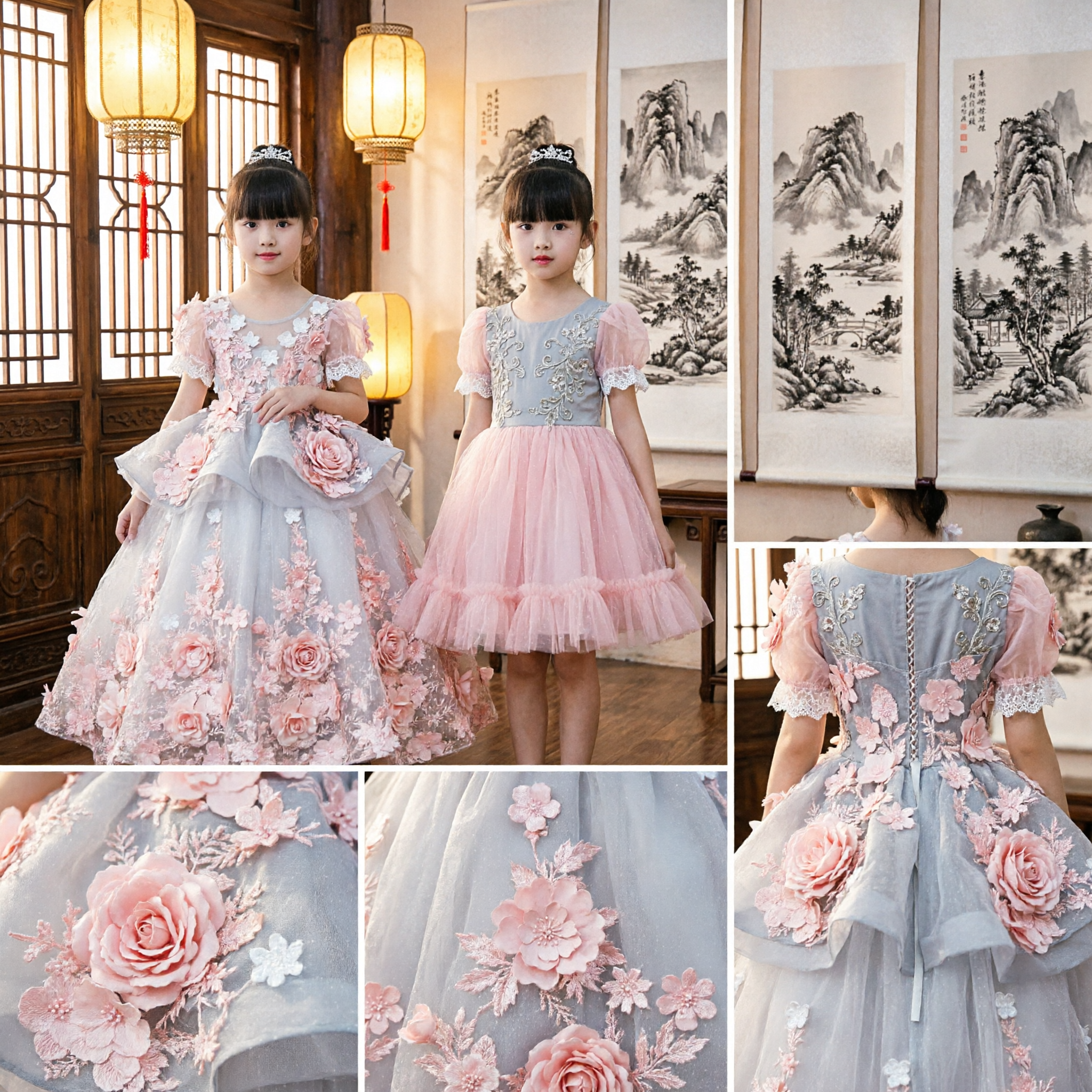 Pink 3D Floral Flower Girl Dress Princess Ball Gown Formal Party Wedding Pageant Gown for Kids