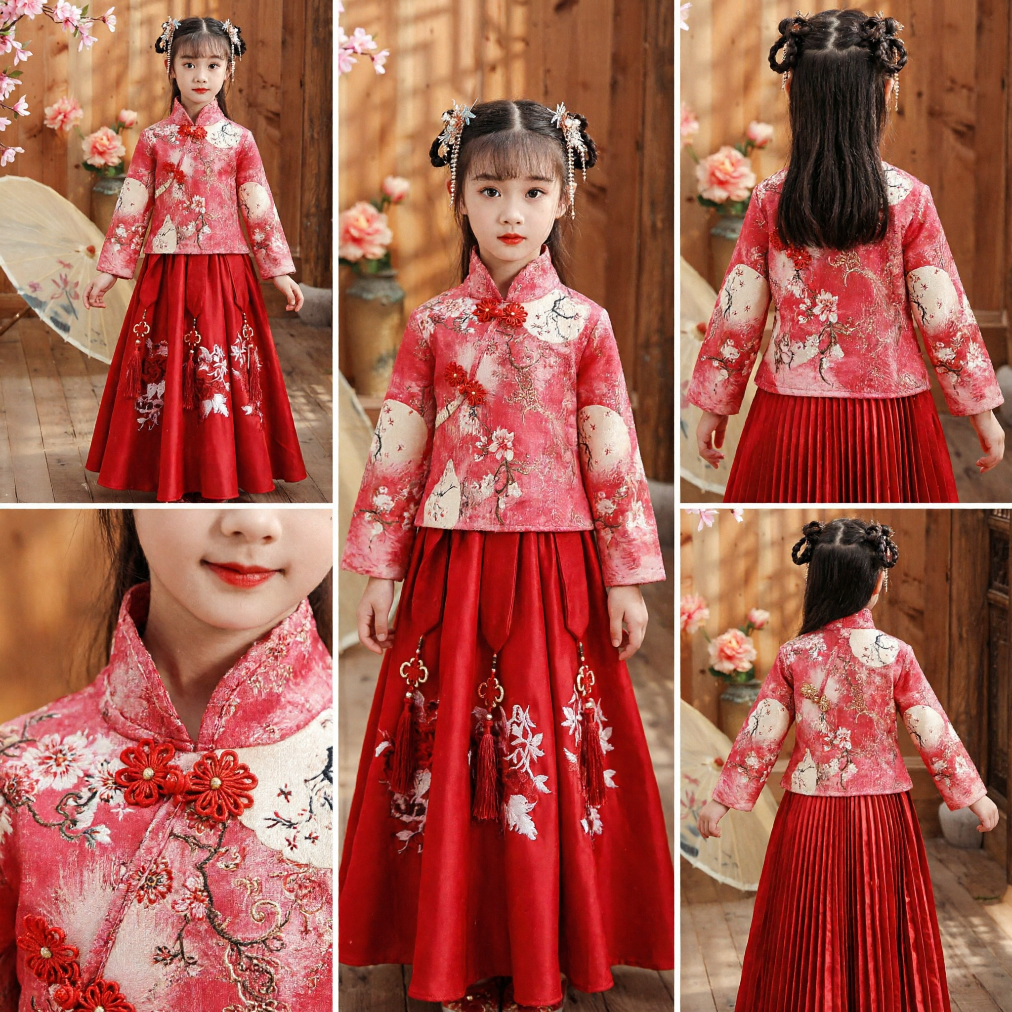 Girls Traditional Chinese Tang Suit Hanfu Set Red Floral Embroidery Dress for Kids Spring Festival Wedding Party