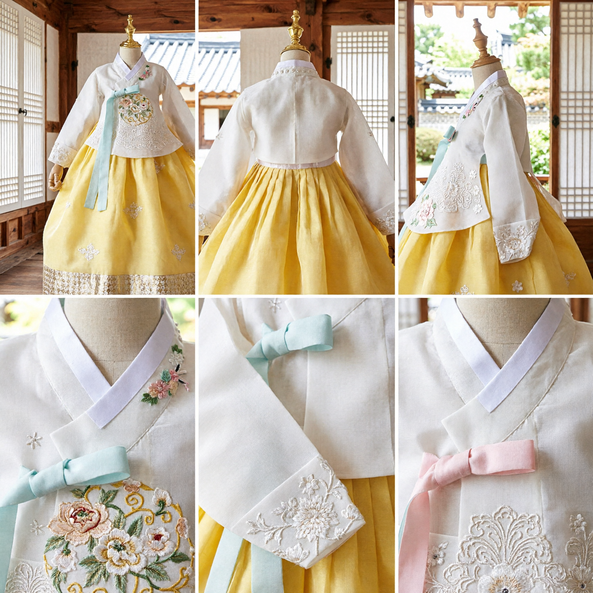 Traditional Korean Hanbok for Girls Yellow Chima White Lace Jeogori Kids Wedding Birthday Costume Dress