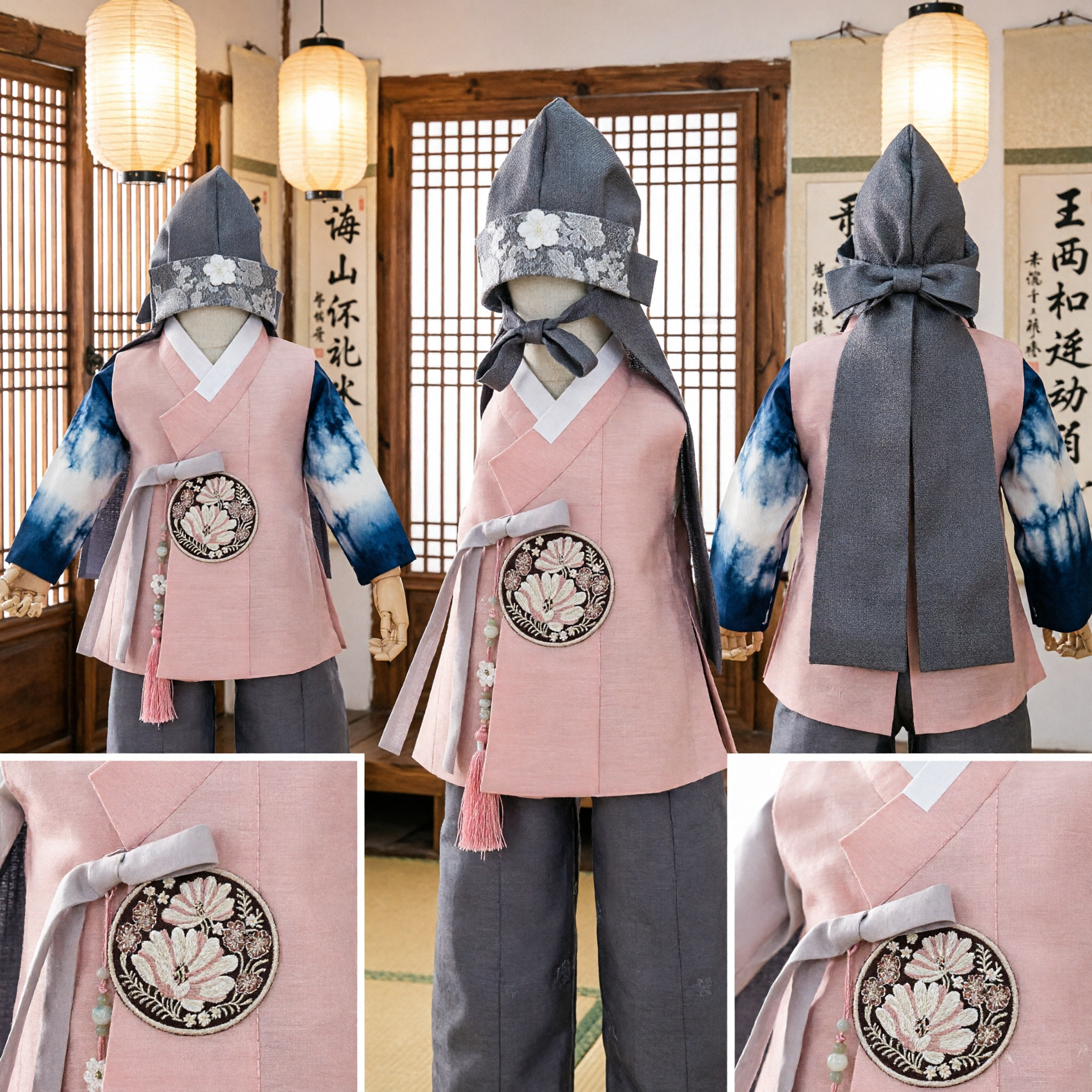 Men's Korean Traditional Hanbok Costume Set Pink Vest Grey Floral Hat Historical Outfit for Stage Performance