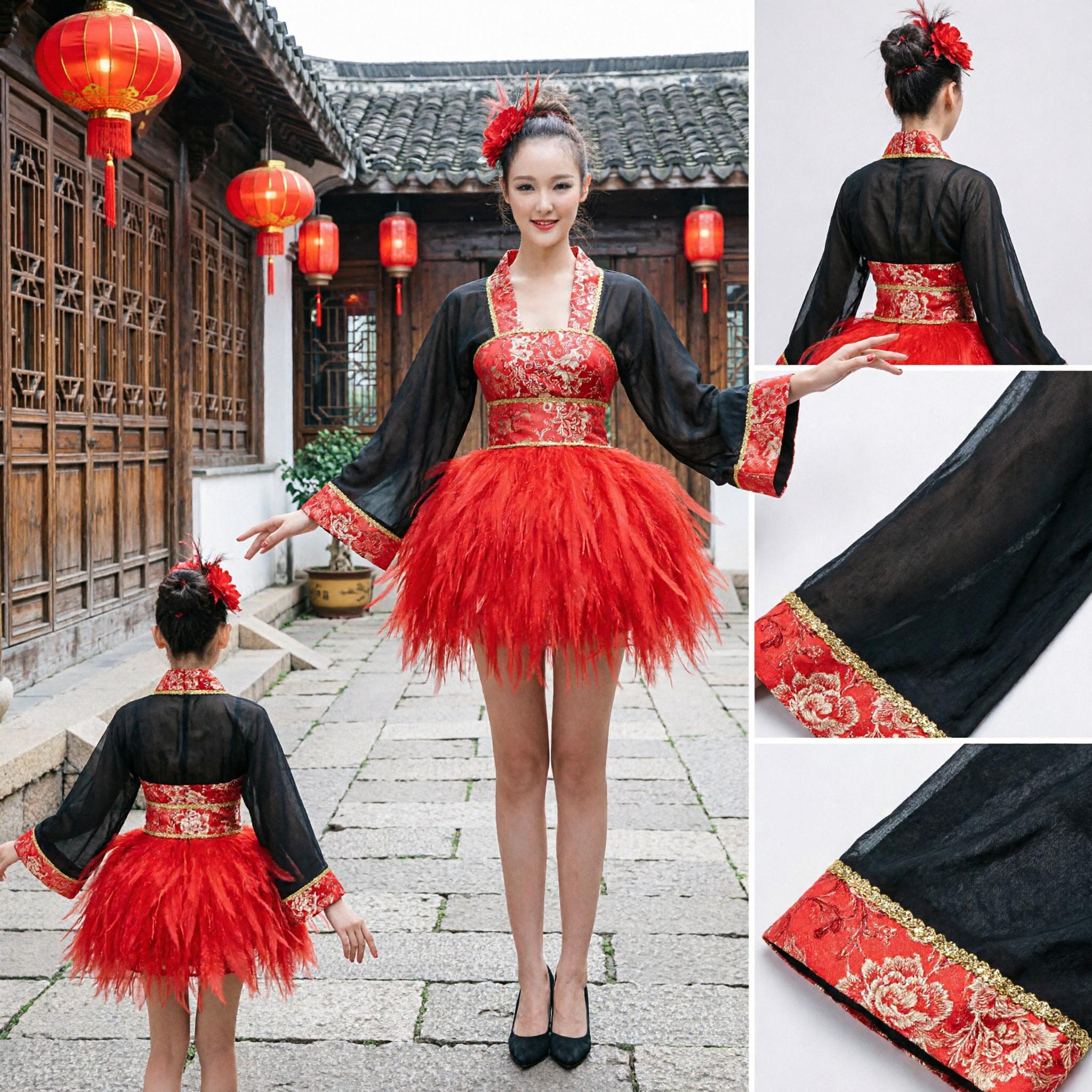 Chinese Traditional Dance Costume for Women Red Tutu Skirt Black Embroidered Top Stage Performance Outfit