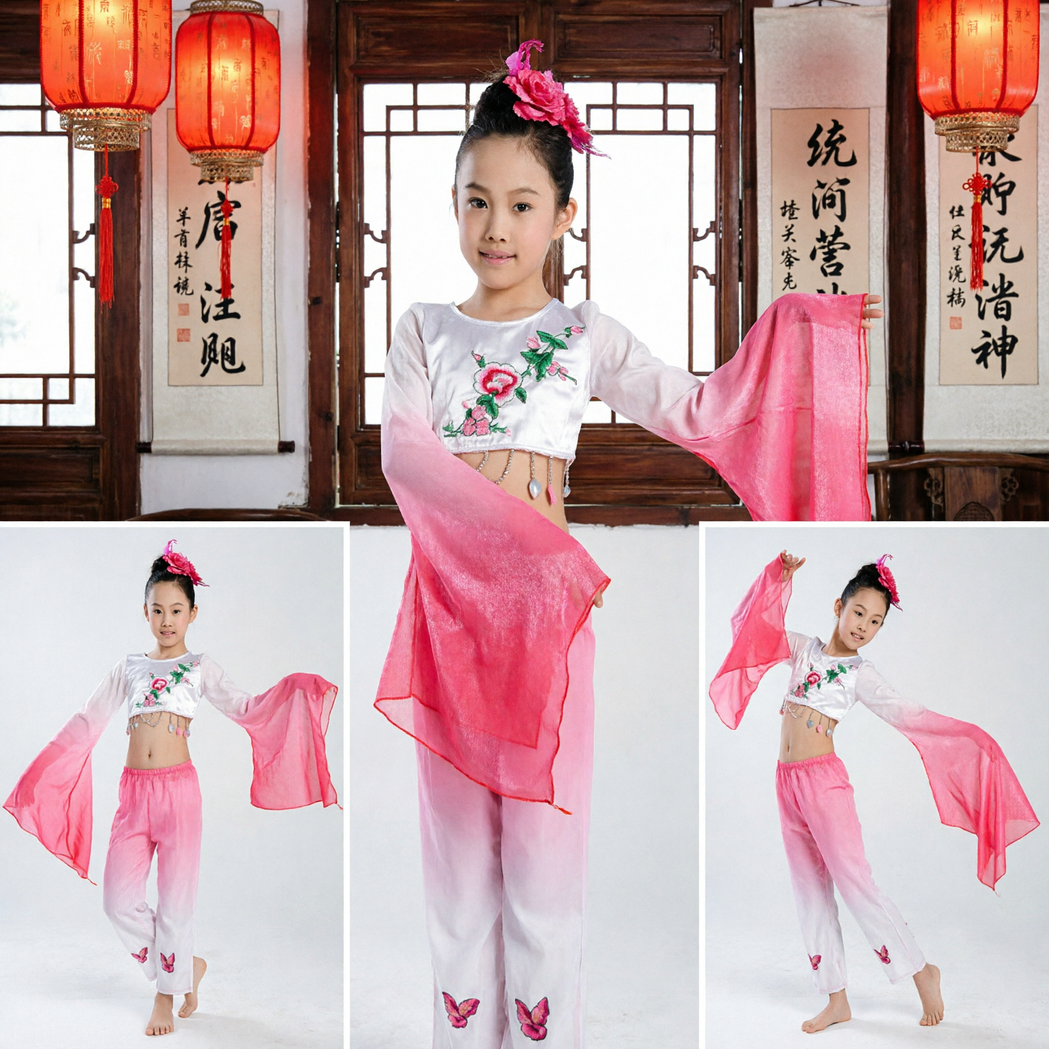 Girls Pink Chinese Folk Dance Costume Traditional Yangge Performance Outfit with Gradient Pants and Water Sleeves