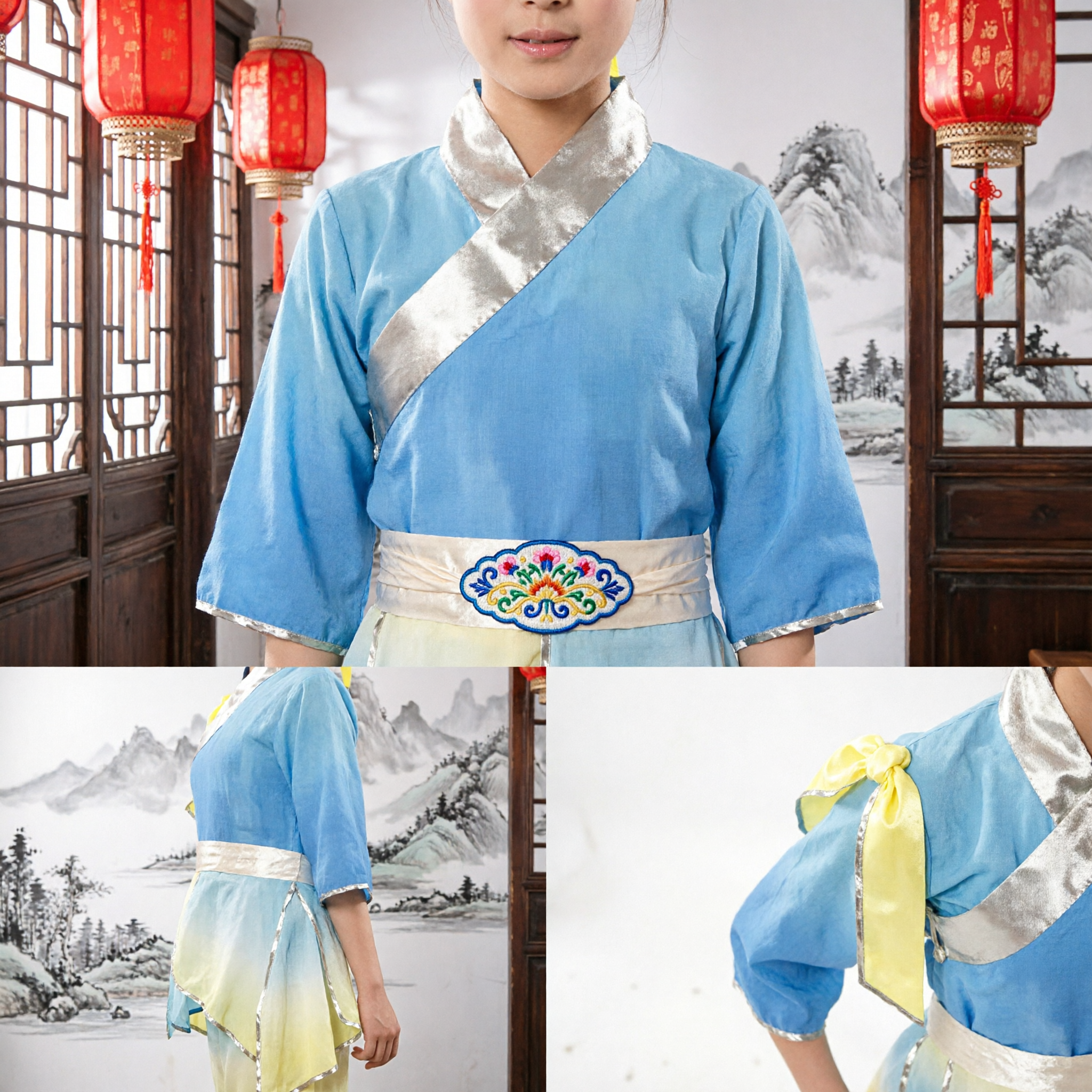 Kids Chinese Folk Dance Costume Girls Traditional Yangge Performance Outfit Blue Yellow Gradient Top and Pants Set