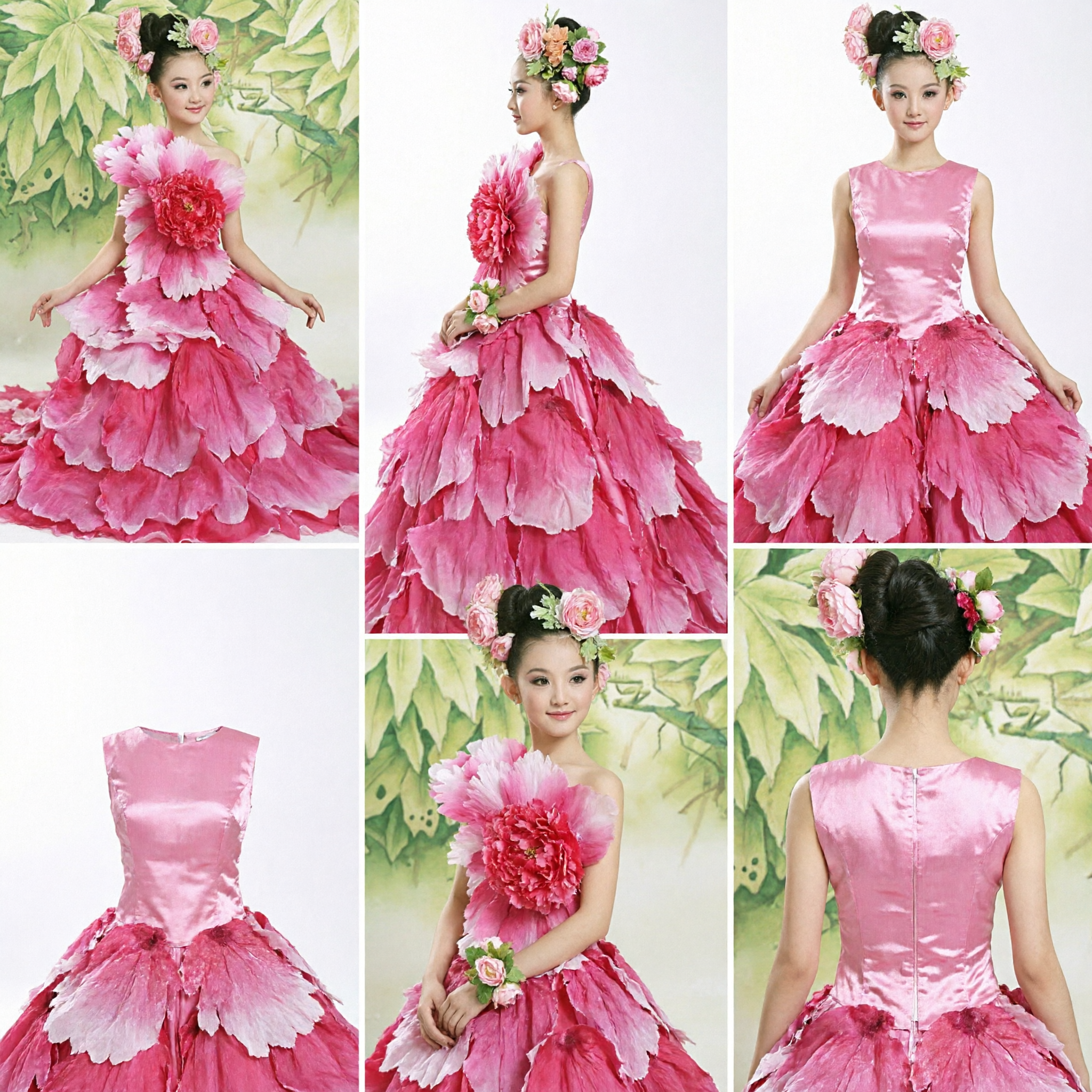 Girls Pink Peony Flower Dance Costume Traditional Chinese Folk Dance Dress with Floral Headpiece