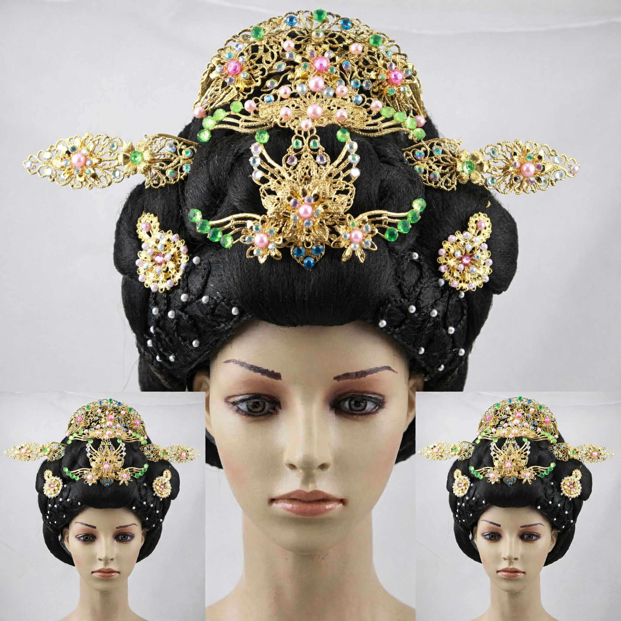 Ancient Chinese Tang Dynasty Palace Princess Wig with Elaborate Gold Hair Jewelry Headpiece for Hanfu Cosplay