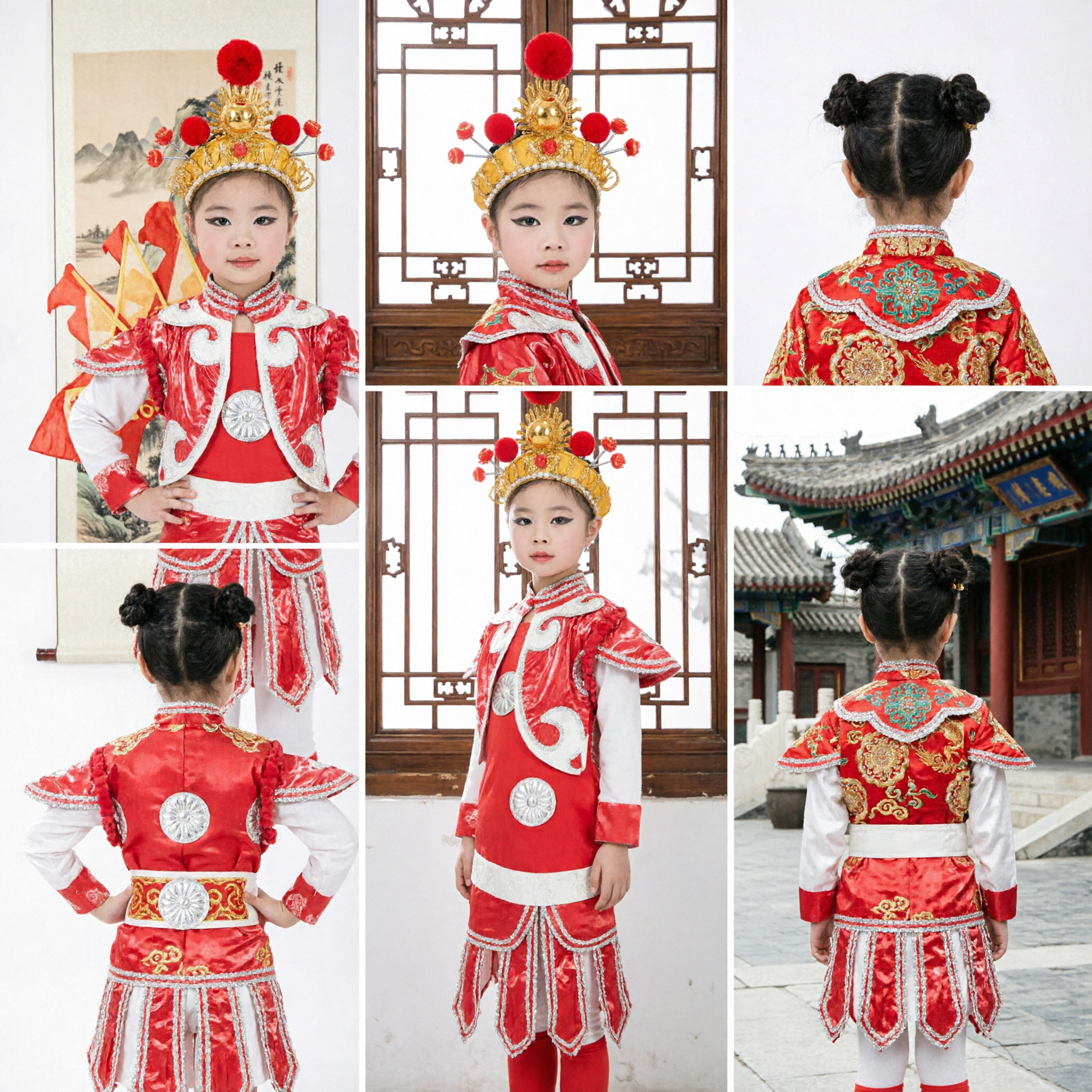 Kids Chinese Traditional Folk Dance Costume Red Warrior Stage Performance Uniform for Girls Festival