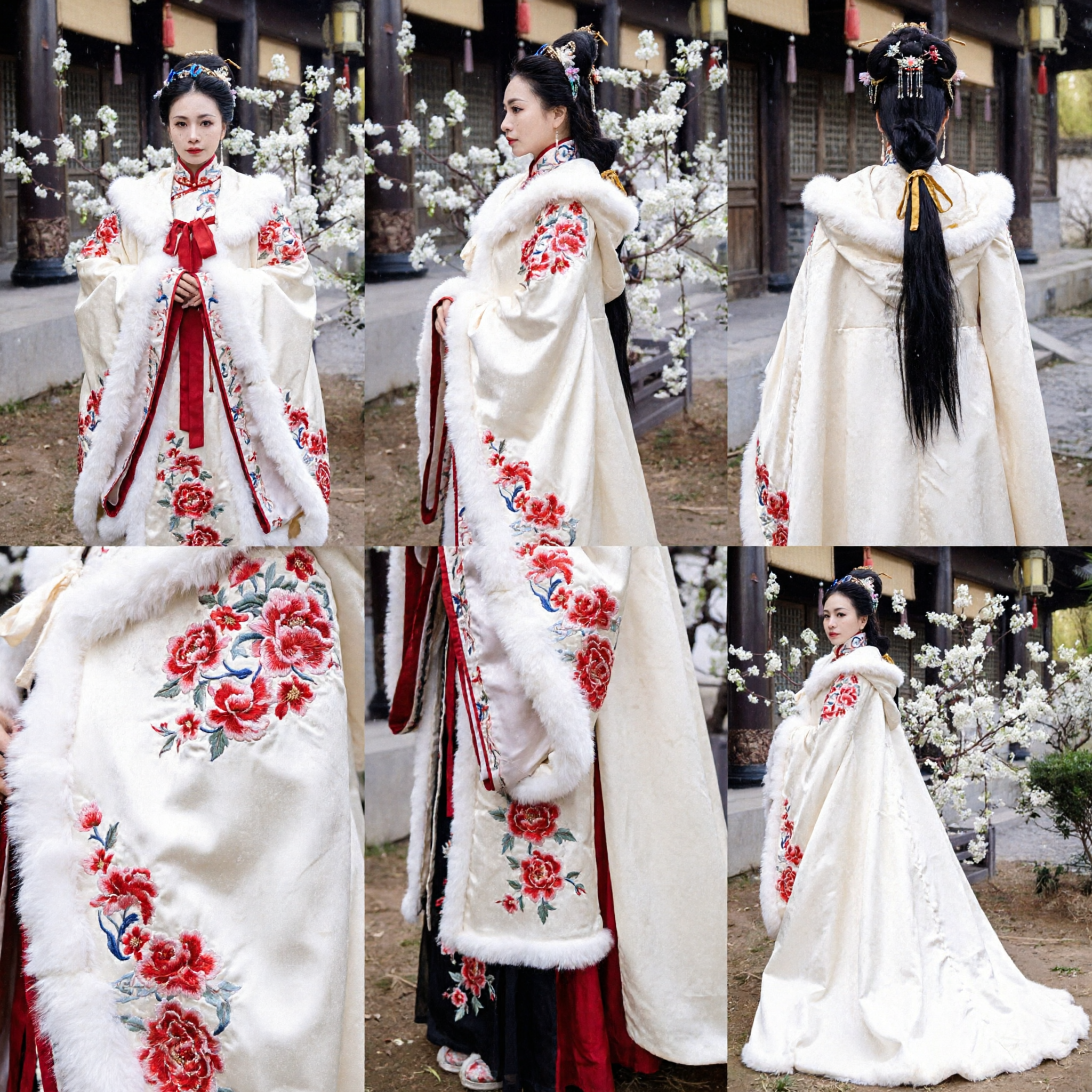 Elegant White Fur Hanfu Winter Cloak with Floral Embroidery Traditional Chinese Costume Cape for Women