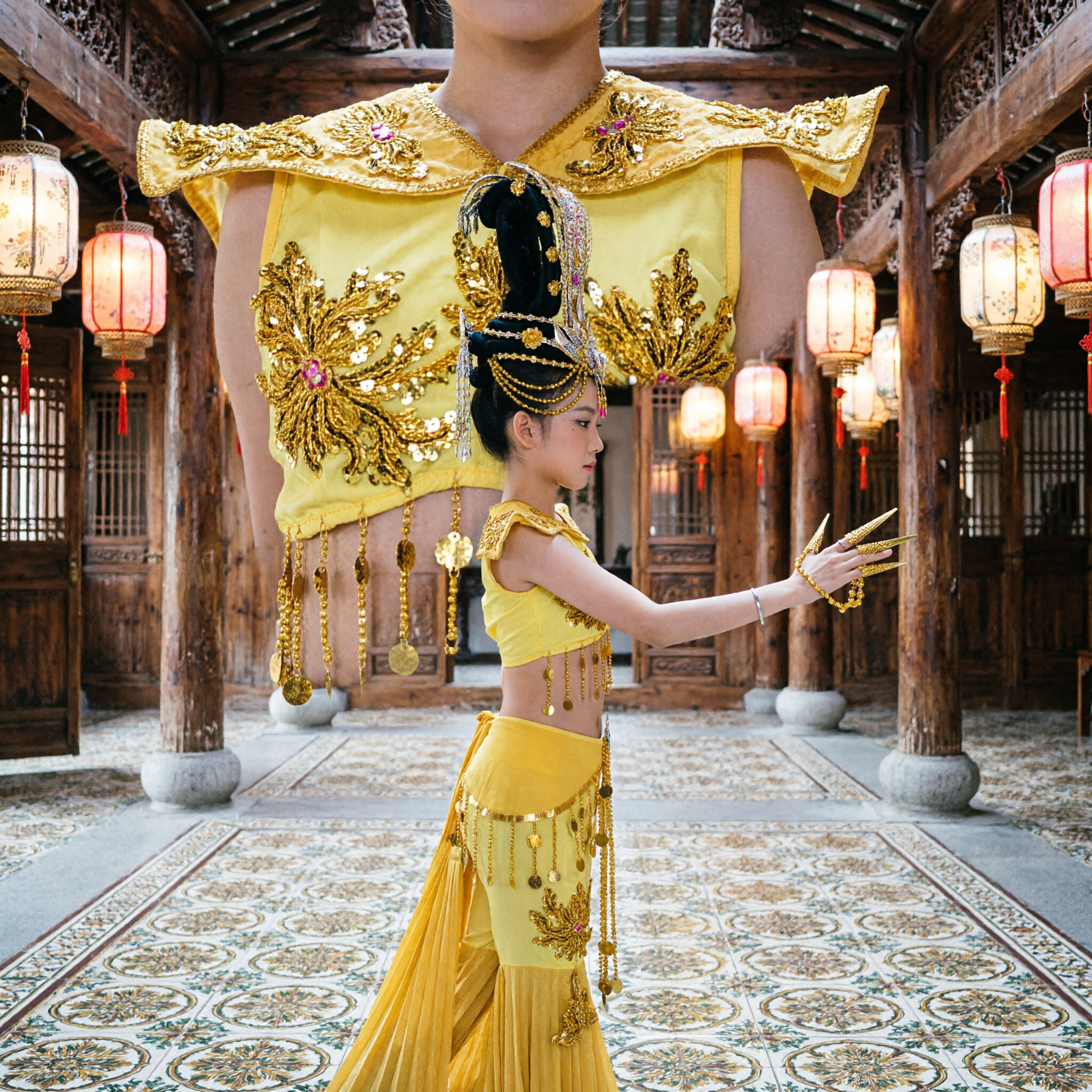 Kids Thai Traditional Dance Costume Yellow Gold Sequin Outfit with Headdress and Fingernails for Stage Performance