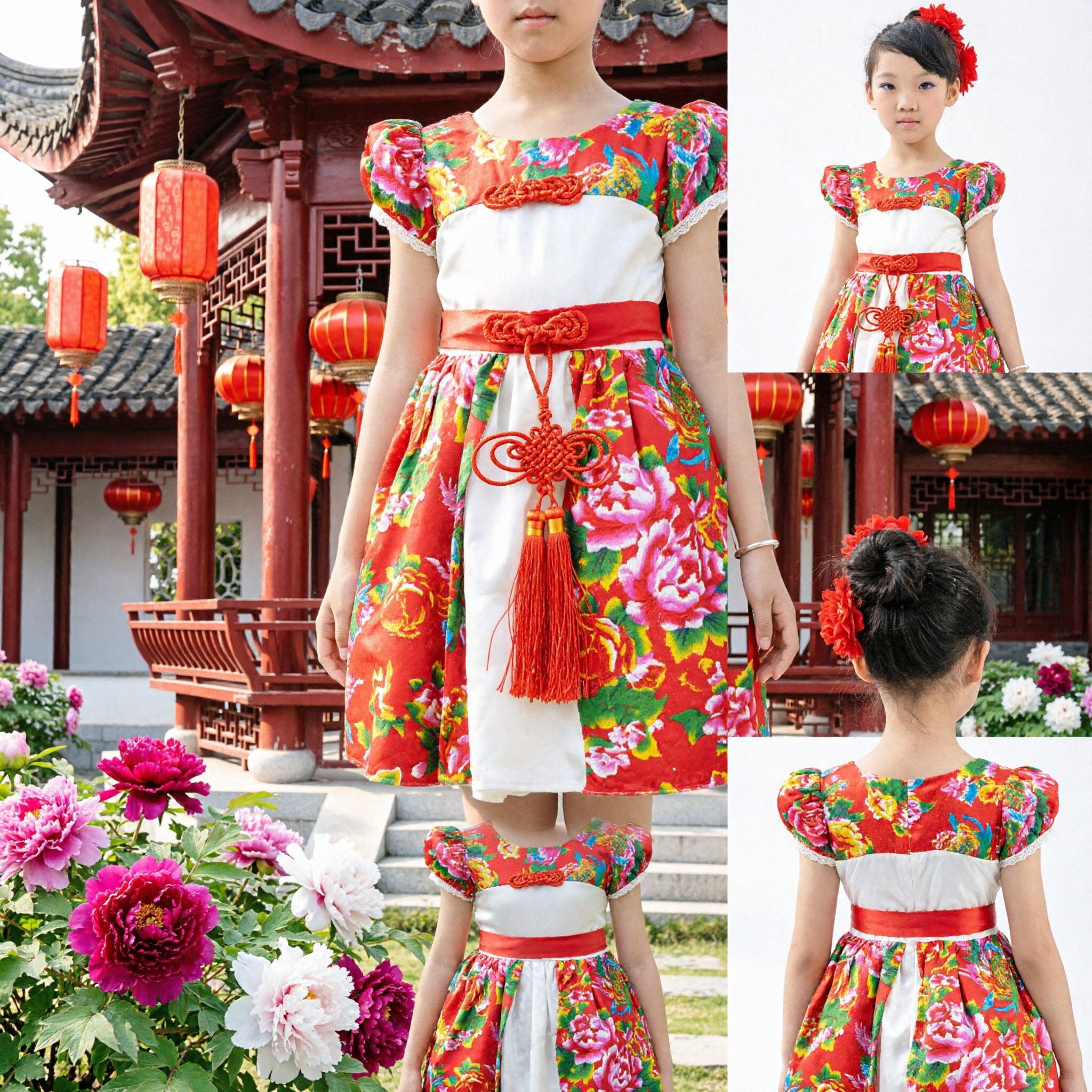Kids Girls Chinese Folk Dance Costume Red Floral Print Dress Stage Performance Outfit