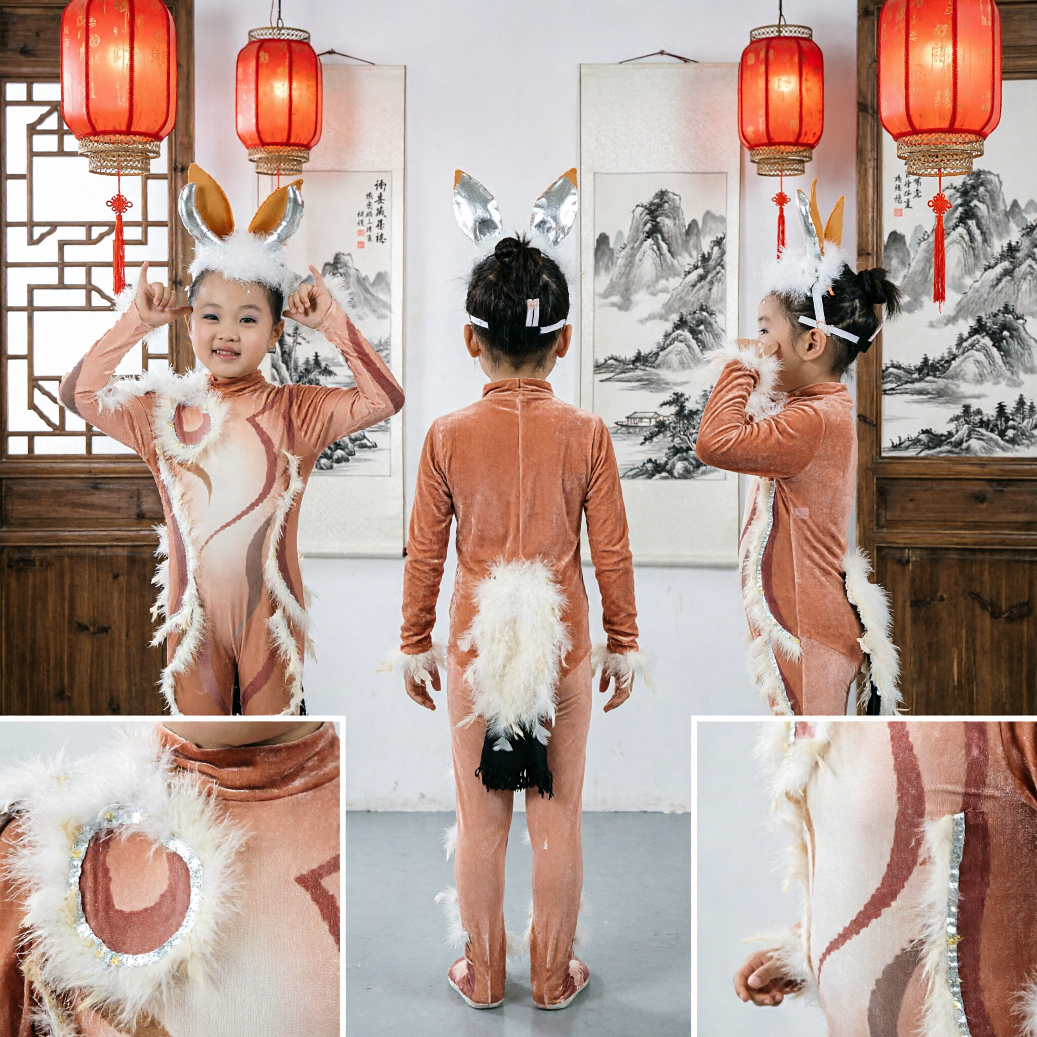 Kids Deer Costume Full Body Jumpsuit with Antlers for Children Stage Performance Dance Recital