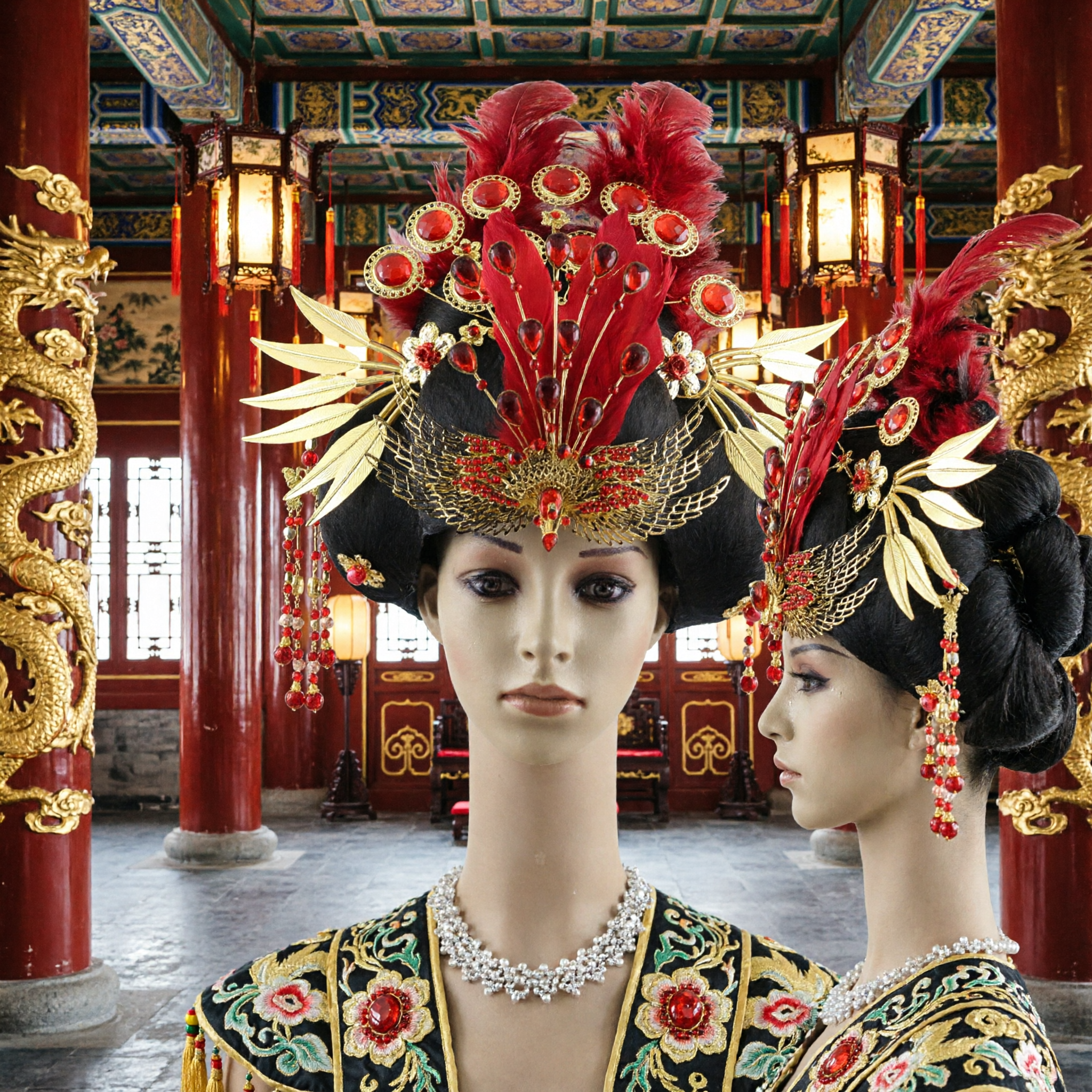 Traditional Chinese Phoenix Coronet Peking Opera Empress Headdress Gold Red Feather Hairpiece for Women Stage Performance