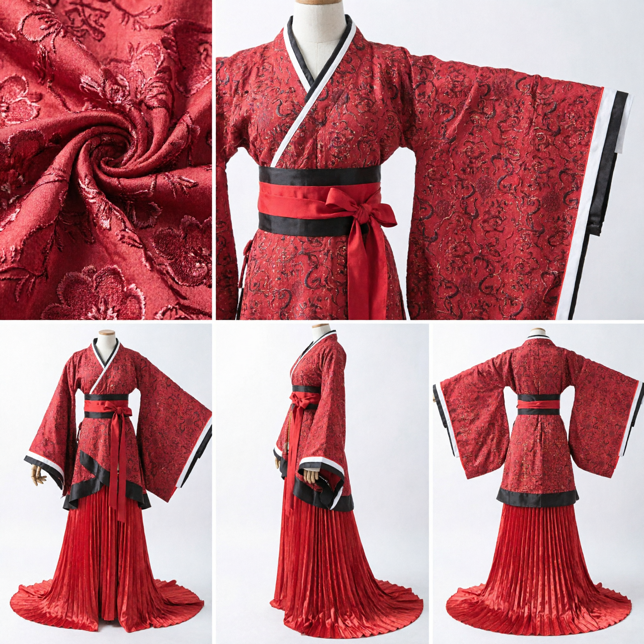Red Chinese Traditional Hanfu Ancient Costume Cross Collar Robe for Cosplay Wedding Stage Performance