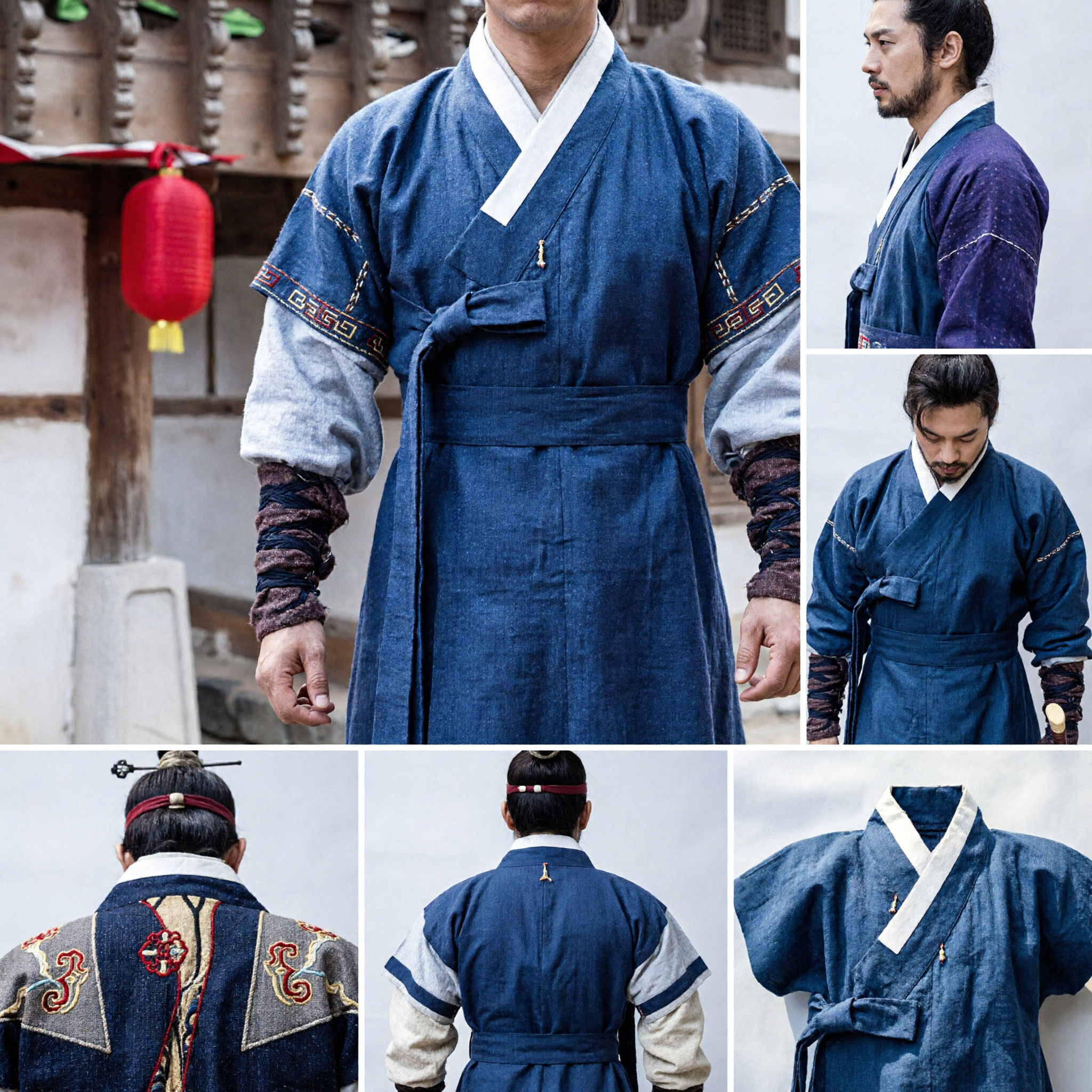 Traditional Korean Hanbok Men's Navy Blue Swordsman Costume Joseon Dynasty Warrior Outfit for Historical Drama Cosplay