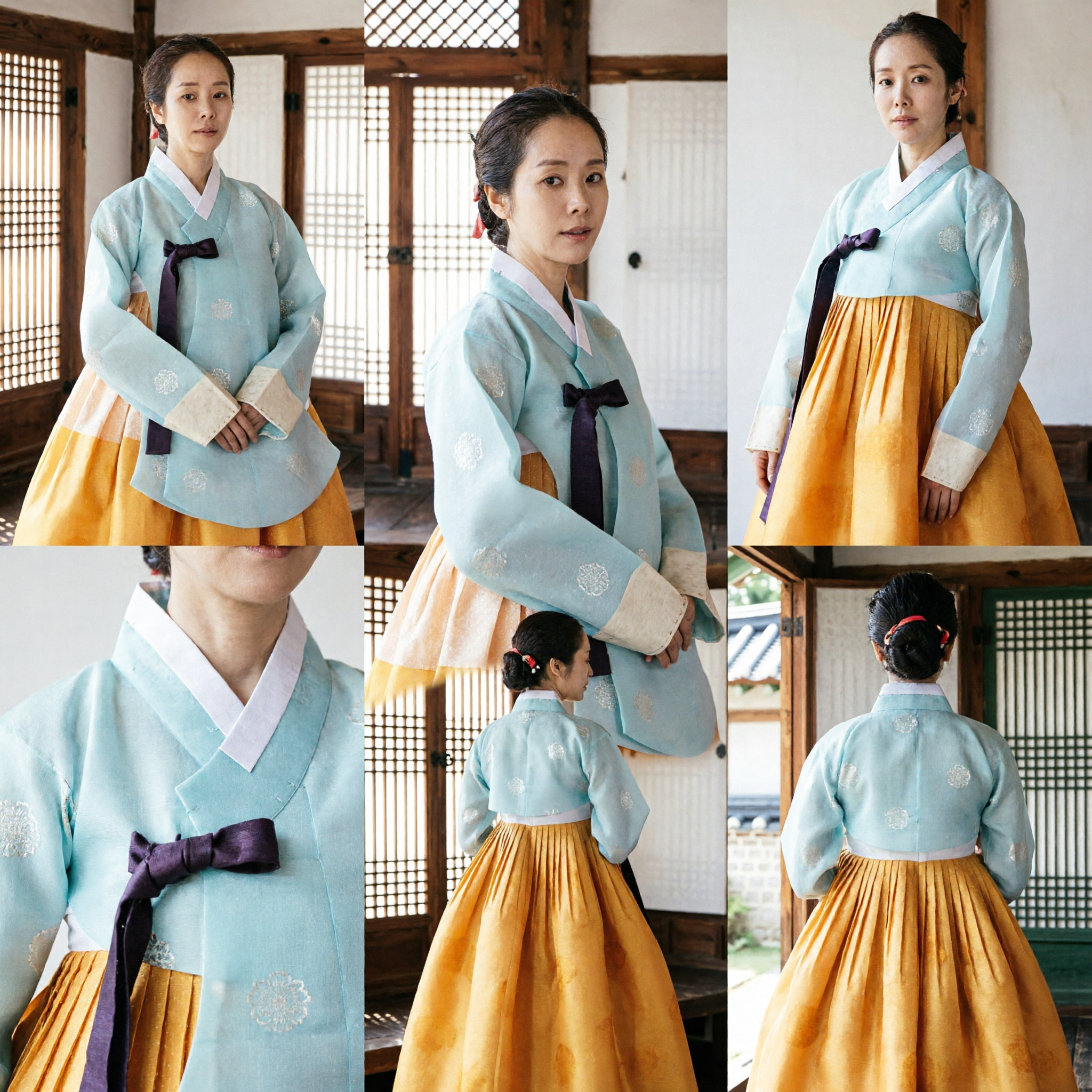 Elegant Women's Korean Traditional Hanbok Light Blue Jeogori and Yellow Chima Dress for Special Occasions
