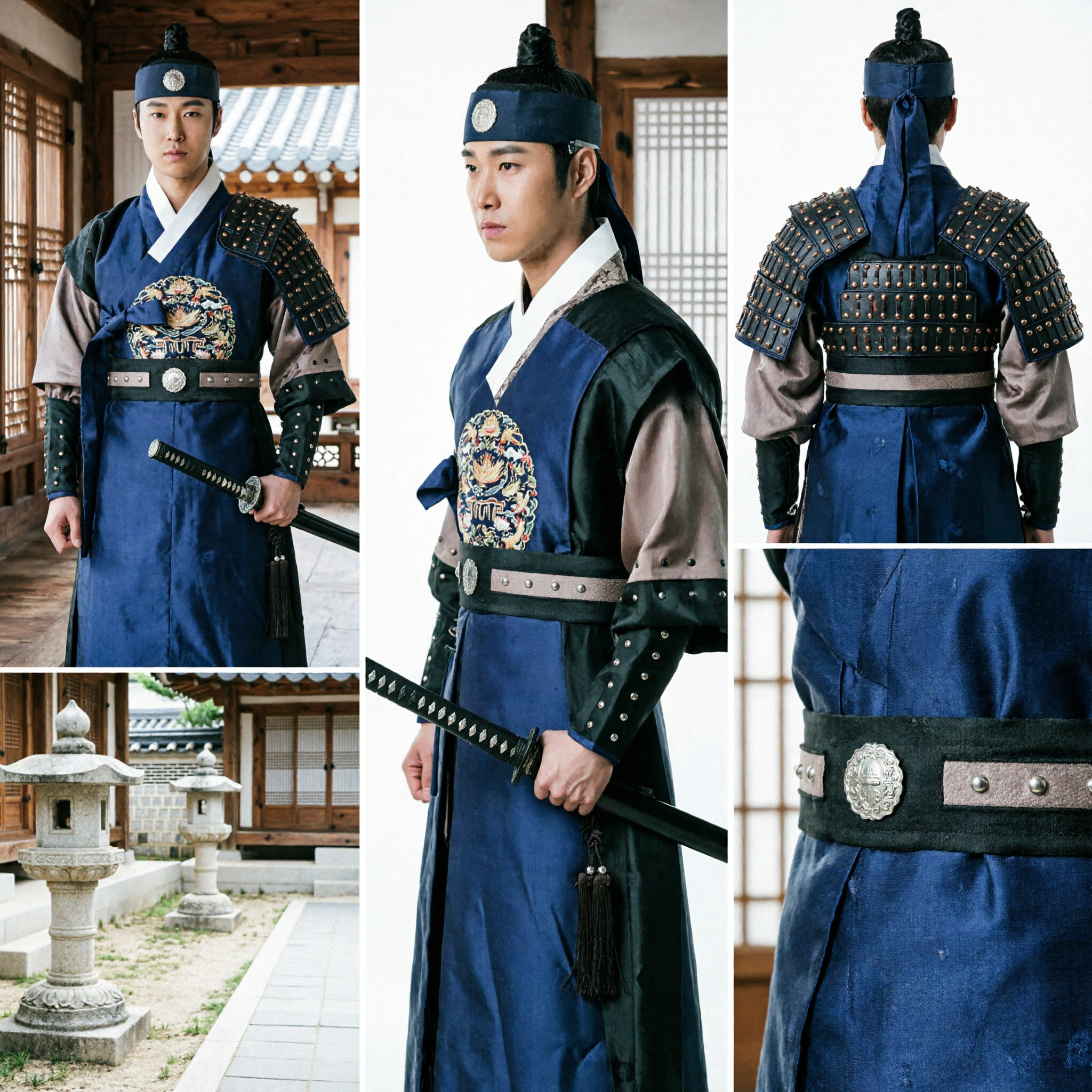 Traditional Korean Warrior Hanbok Costume Men Blue Robe with Black Armor and Hat for Cosplay