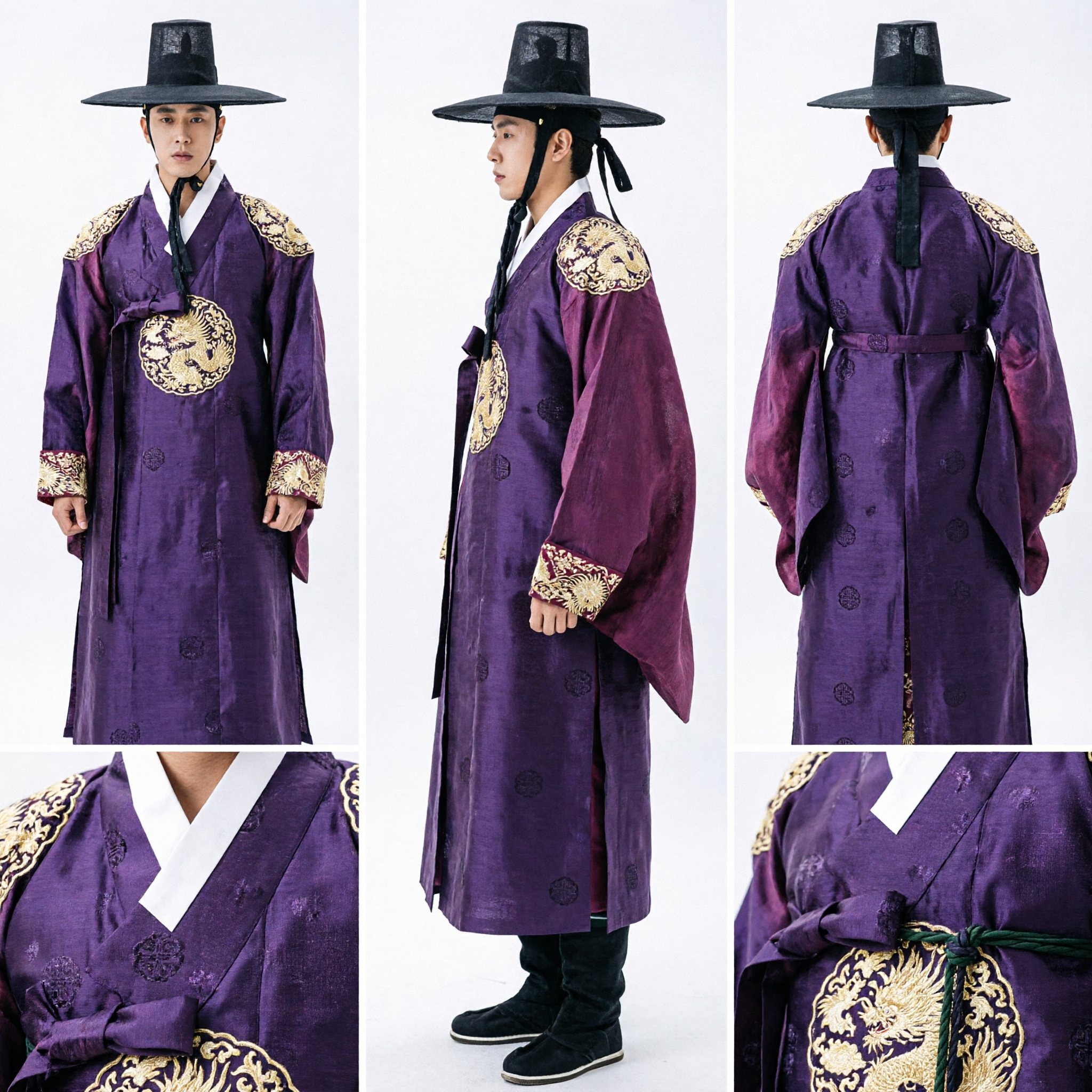 Men's Purple Korean Traditional Hanbok Robe with Black Gat Hat Historical Costume for Weddings