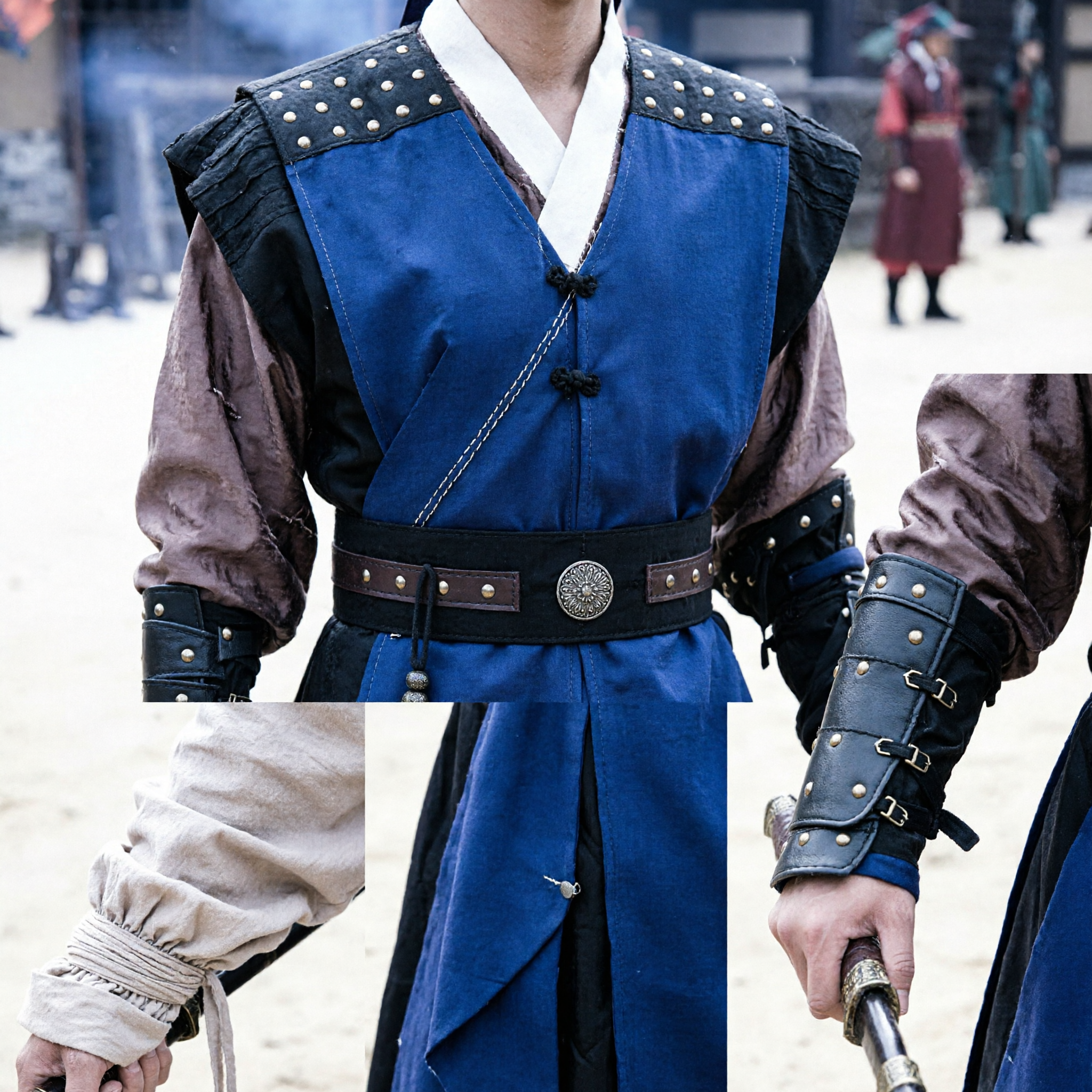 Men's Traditional Korean Blue Warrior Hanbok Costume with Arm Guards for Historical Cosplay and Stage Performance