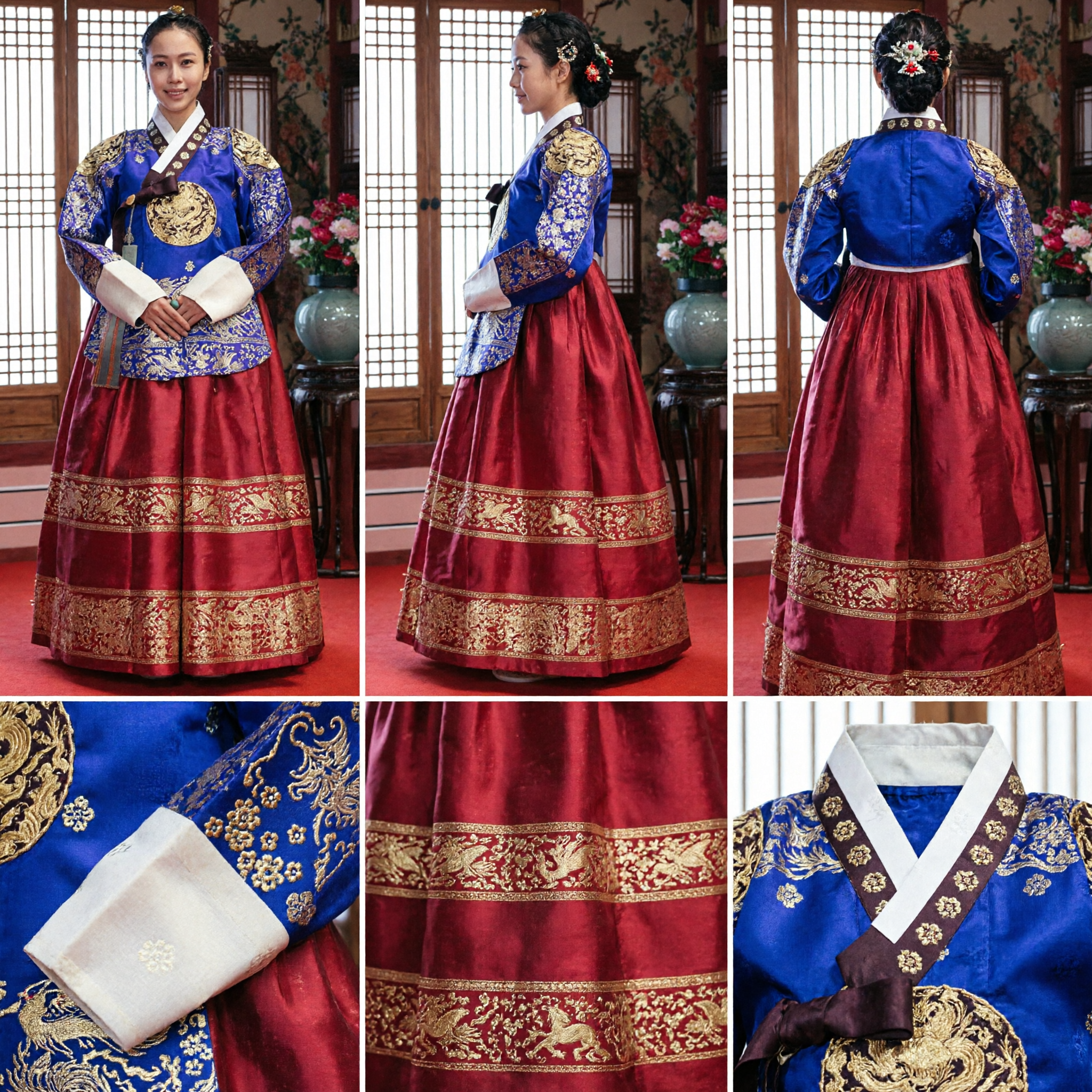 Women's Royal Korean Hanbok Traditional Dress Purple Jeogori Red Chima Gold Embroidery Costume for Performance