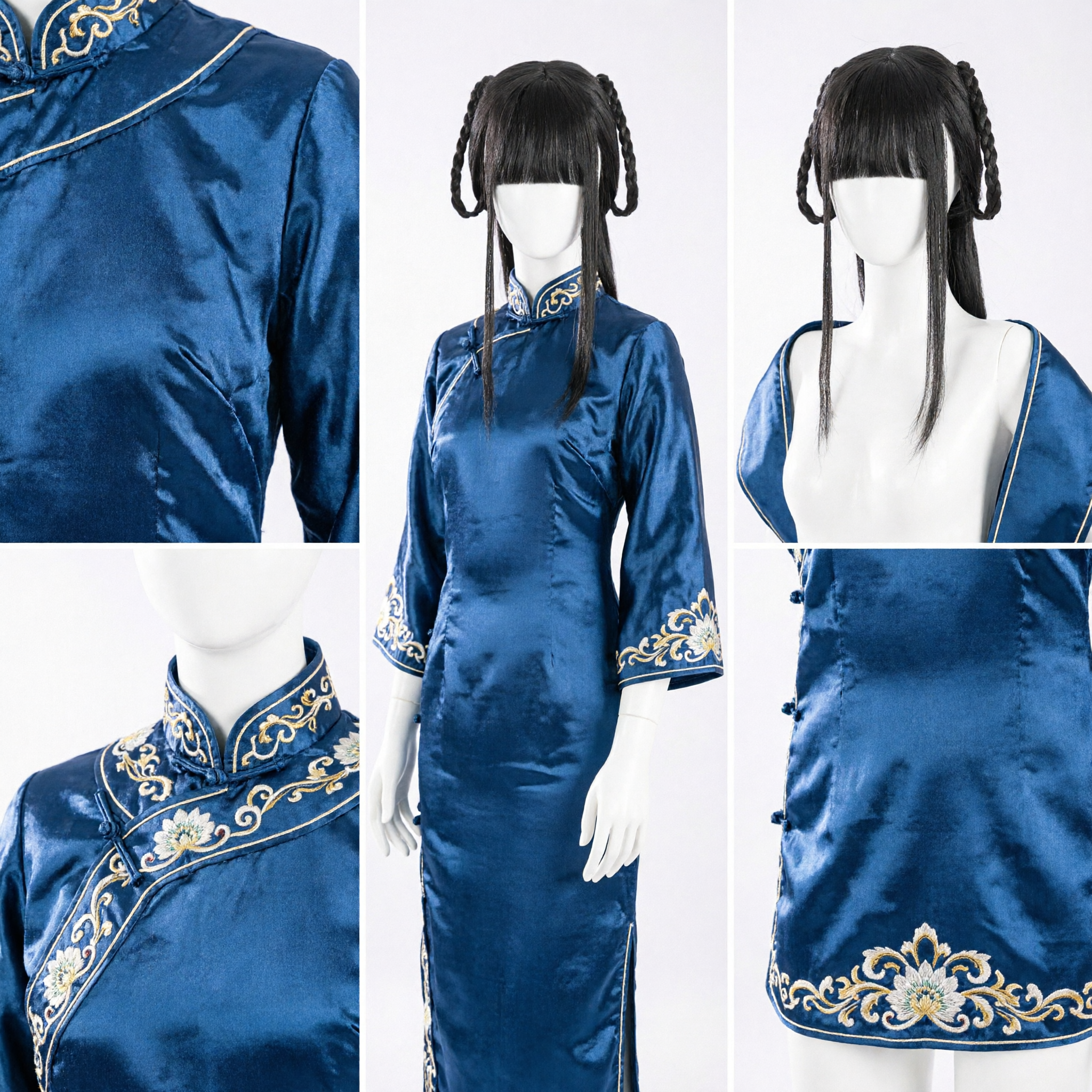Ancient Chinese Black Wig with Double Braided Buns and Long Bangs for Hanfu Cosplay Costume
