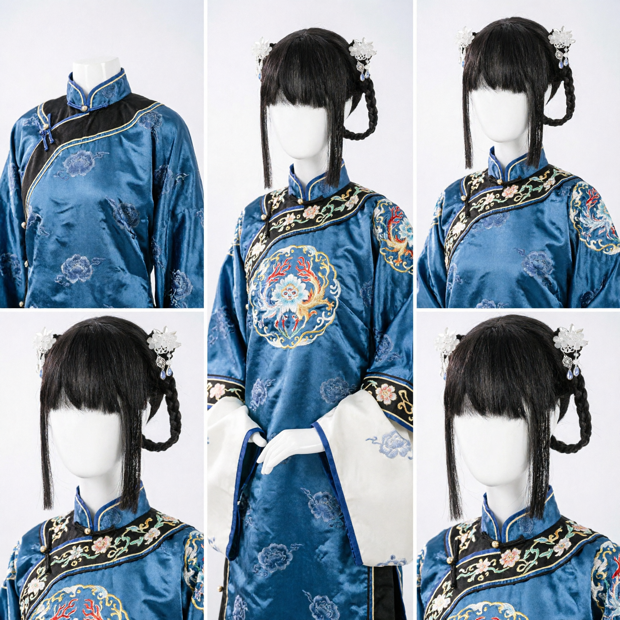 Traditional Chinese Ancient Style Black Wig with Braided Pigtails and Floral Hairpins for Hanfu Cosplay