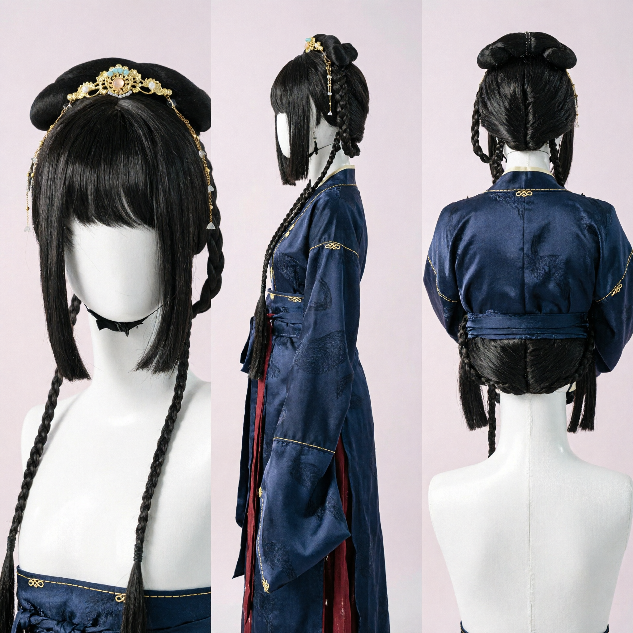 Traditional Chinese Hanfu Wig Ancient Palace Maid Hairstyle Black Braided Hair with Gold Ornaments for Cosplay