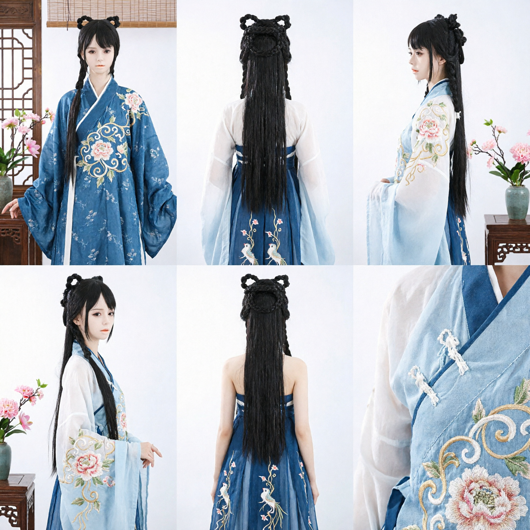 Ancient Chinese Traditional Black Wig with Long Braids and Double Buns for Hanfu Cosplay Costume