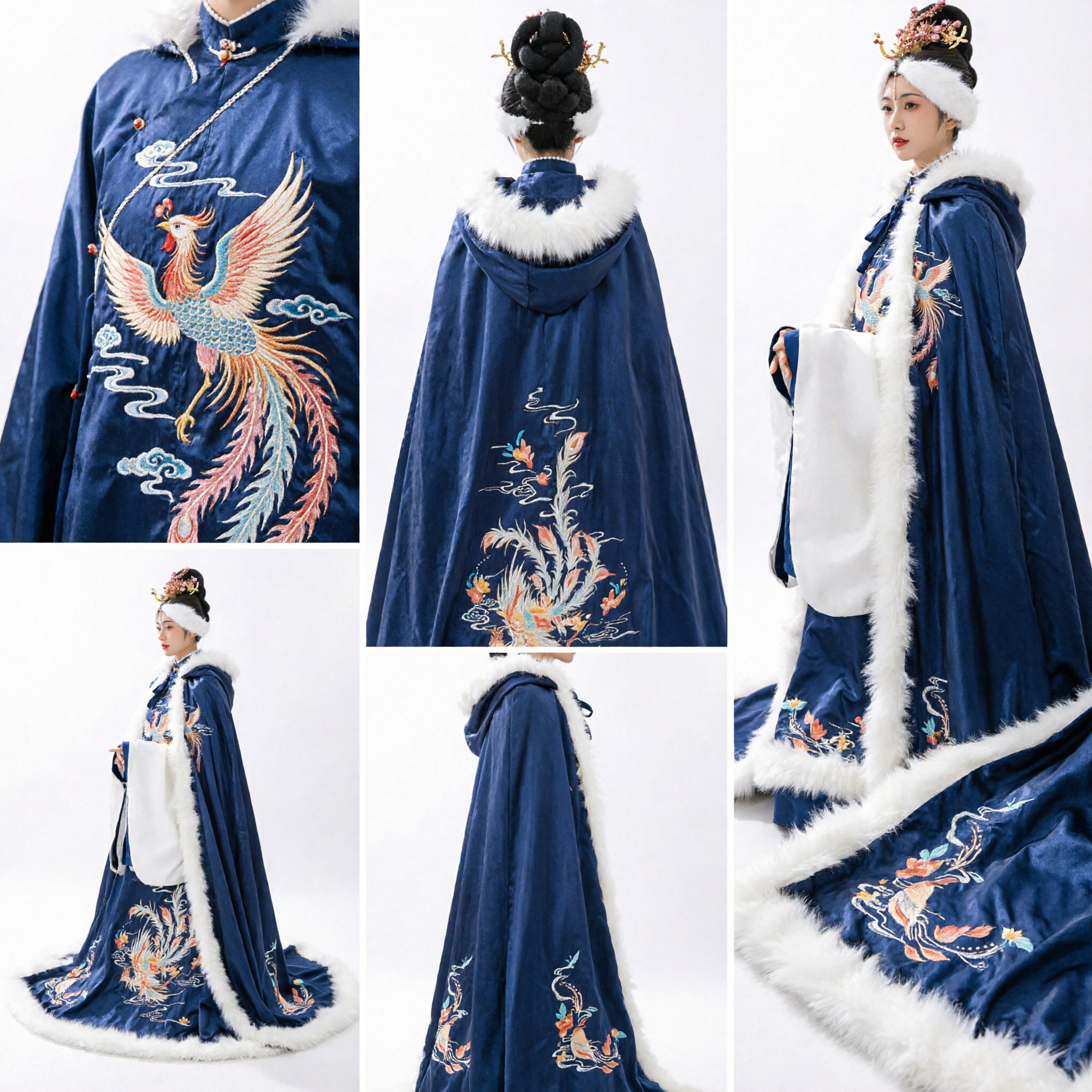 Traditional Chinese Hanfu Winter Cloak Navy Blue Velvet Cape with White Fur Trim and Embroidery for Women