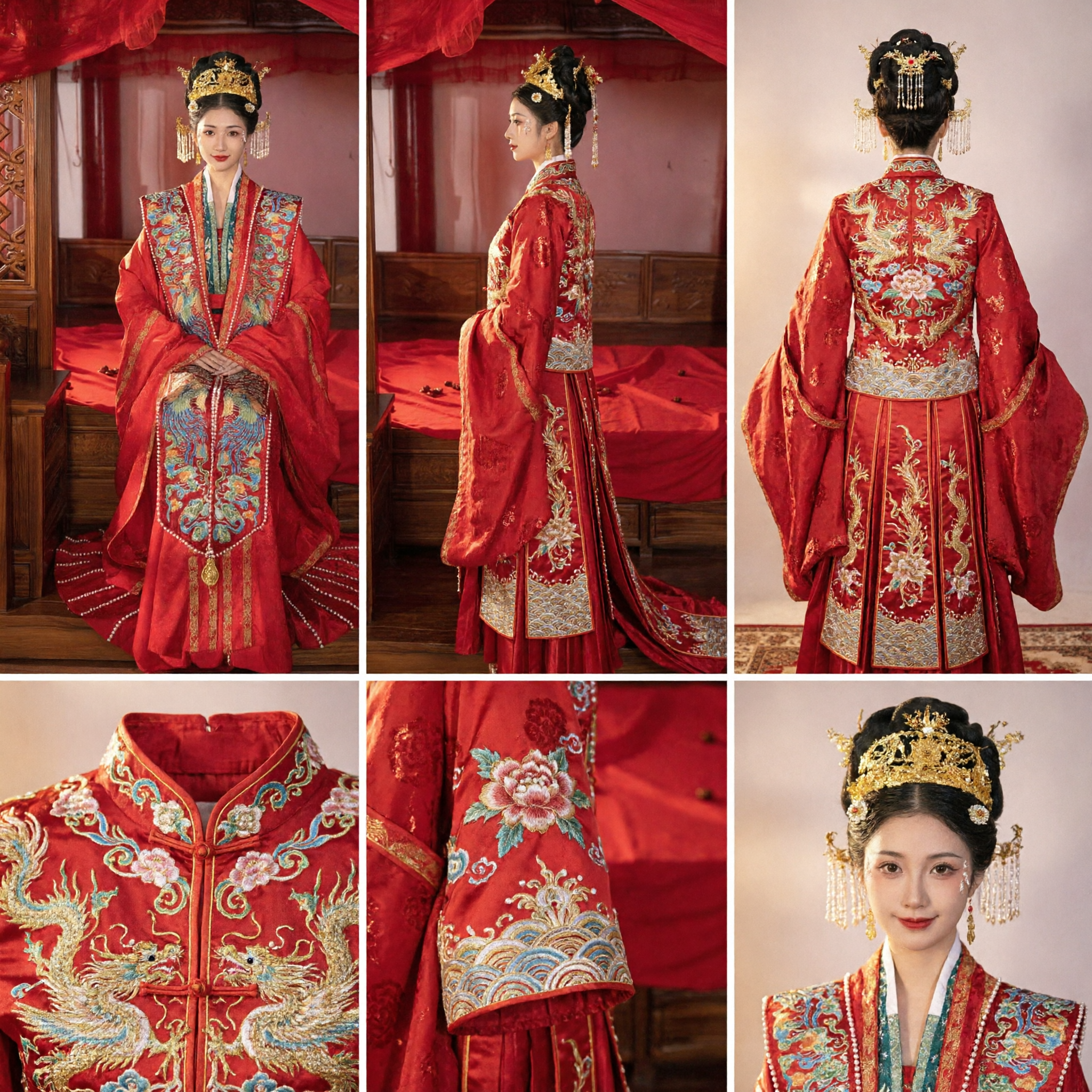 Traditional Chinese Wedding Dress Red Ming Dynasty Hanfu Phoenix Embroidery Bridal Gown Complete Set