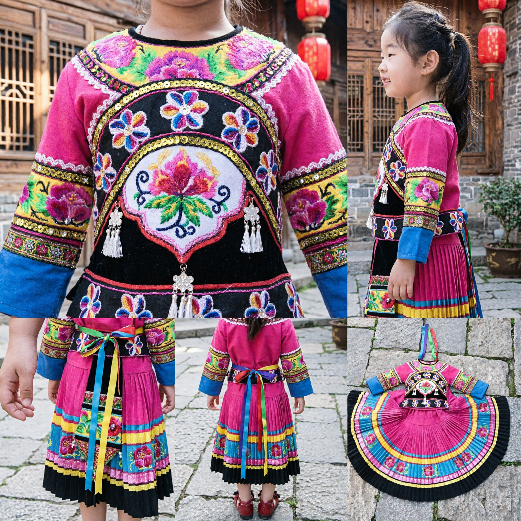 Traditional Chinese Miao Ethnic Minority Embroidery Dress Kids Girls Folk Dance Festival Performance Costume