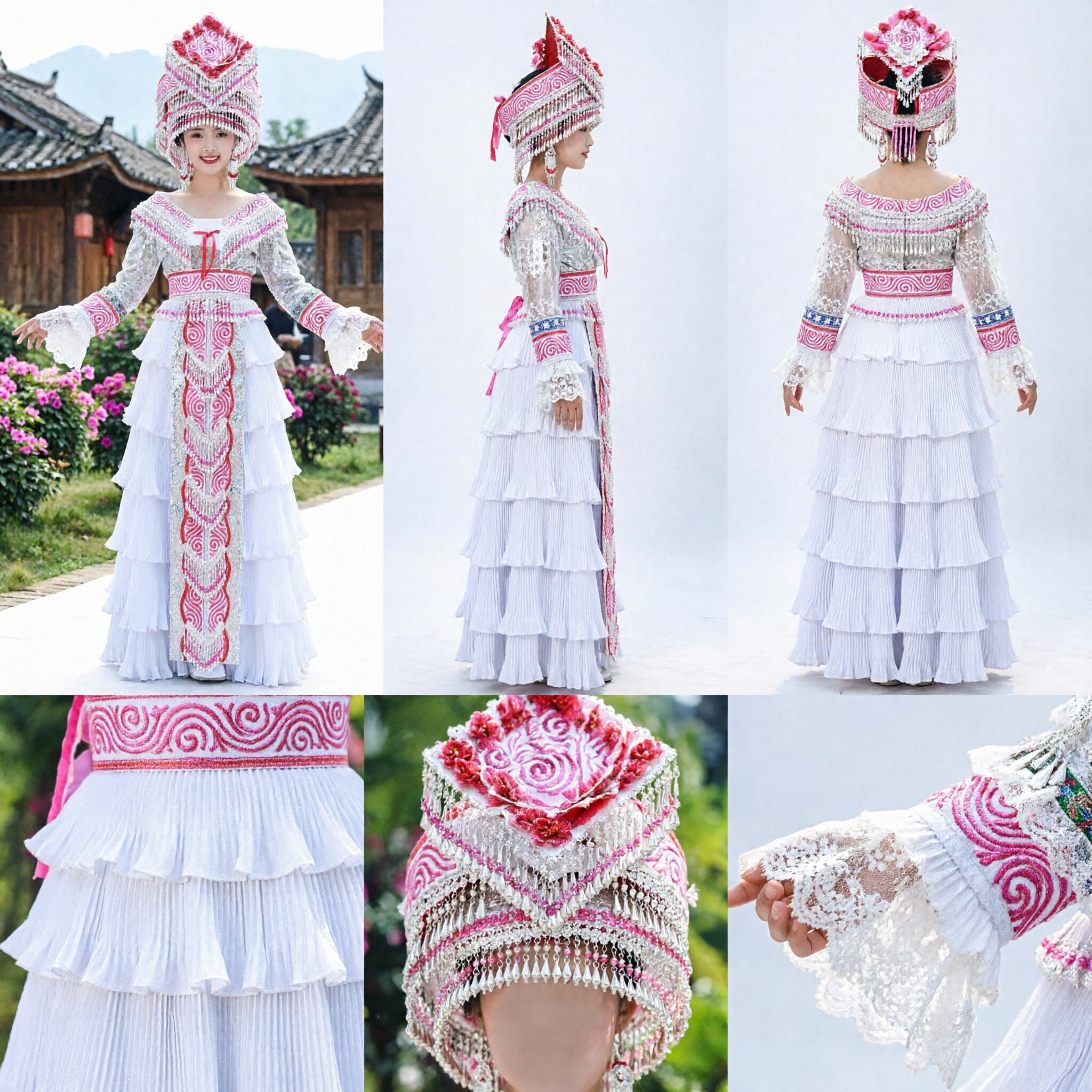 Traditional Chinese Miao Minority Silver Headdress Costume White Ruffled Dress for Stage Dance Performance
