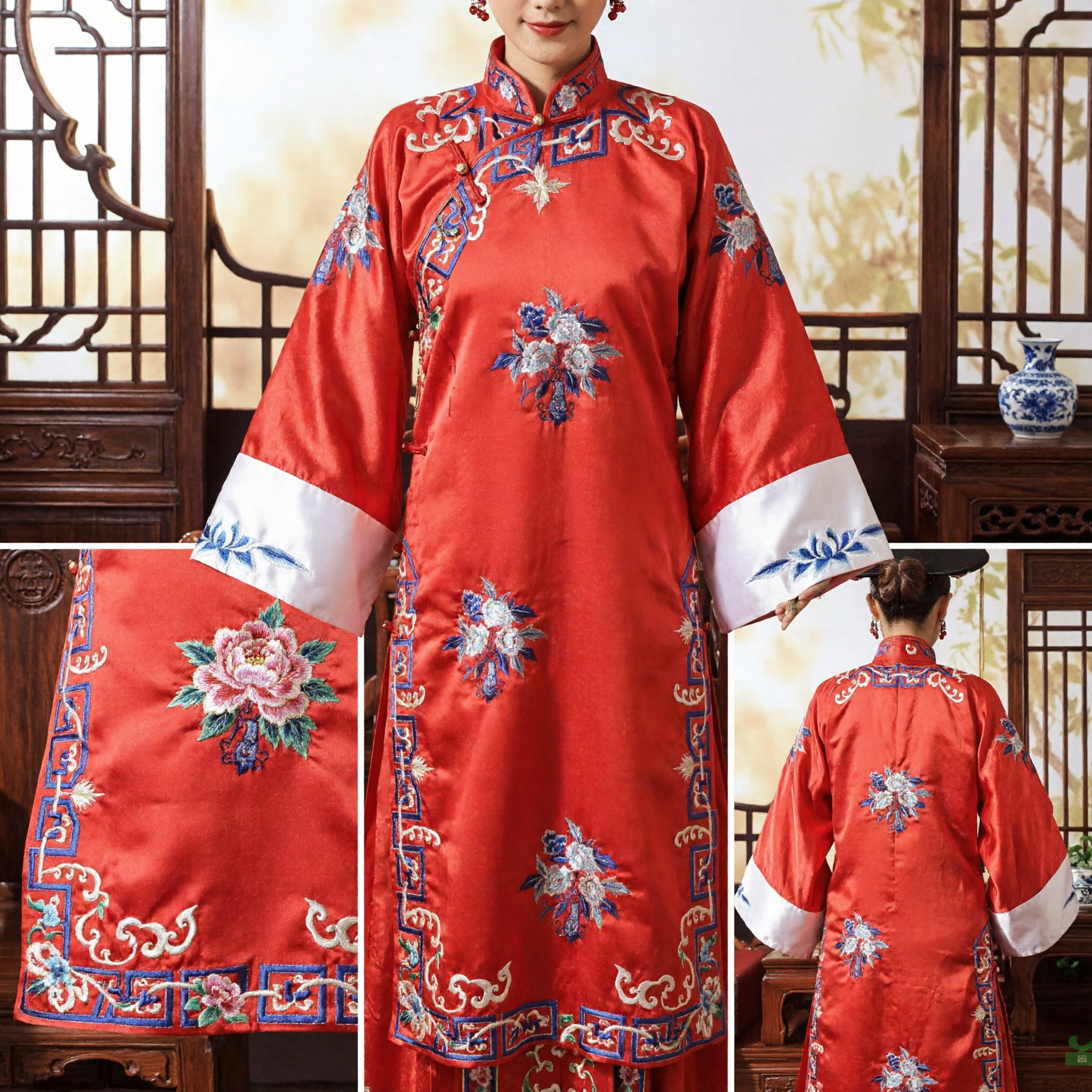 Traditional Chinese Wedding Dress Qing Dynasty Manchu Princess Red Embroidered Robe Ancient Costume for Bride